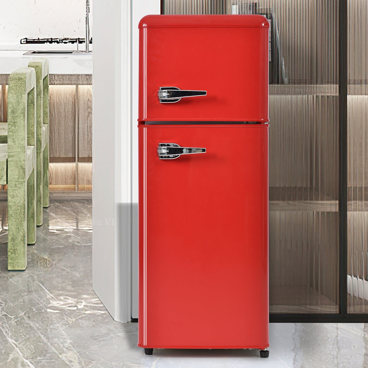 Retro Refrigerator, 105.5cm High, 92L Total, 28L Freezer, Two-Door, Glass Shelves