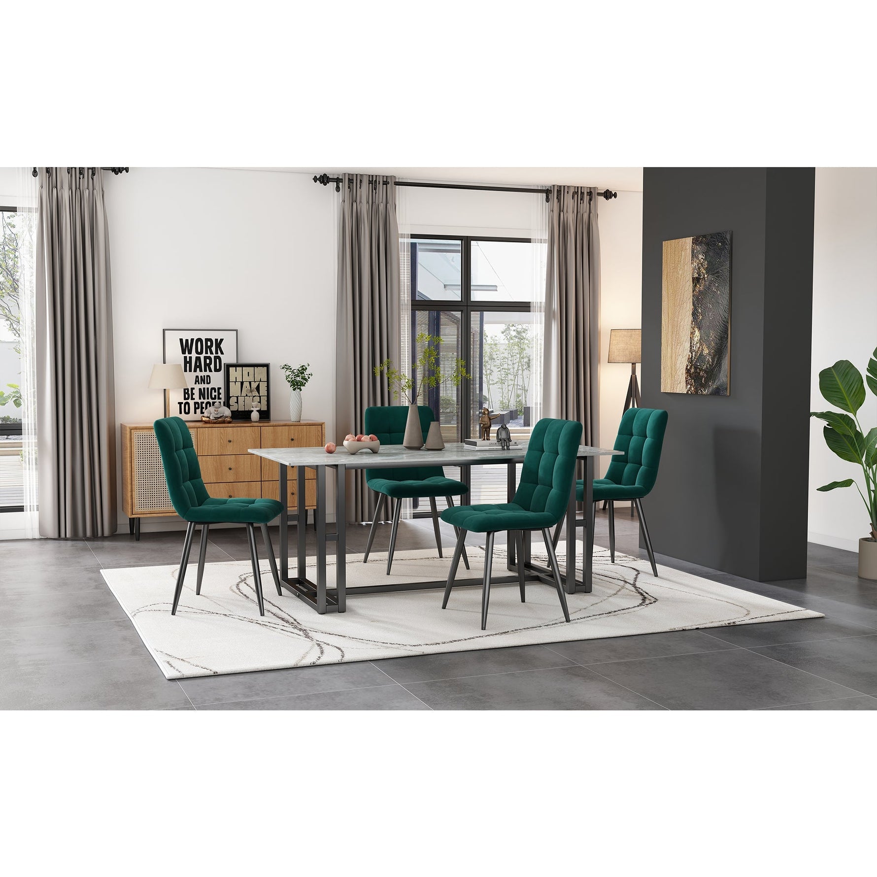 Dining Chair Set of 4 Upholstered Velvet Seat Metal Frame Dark Green