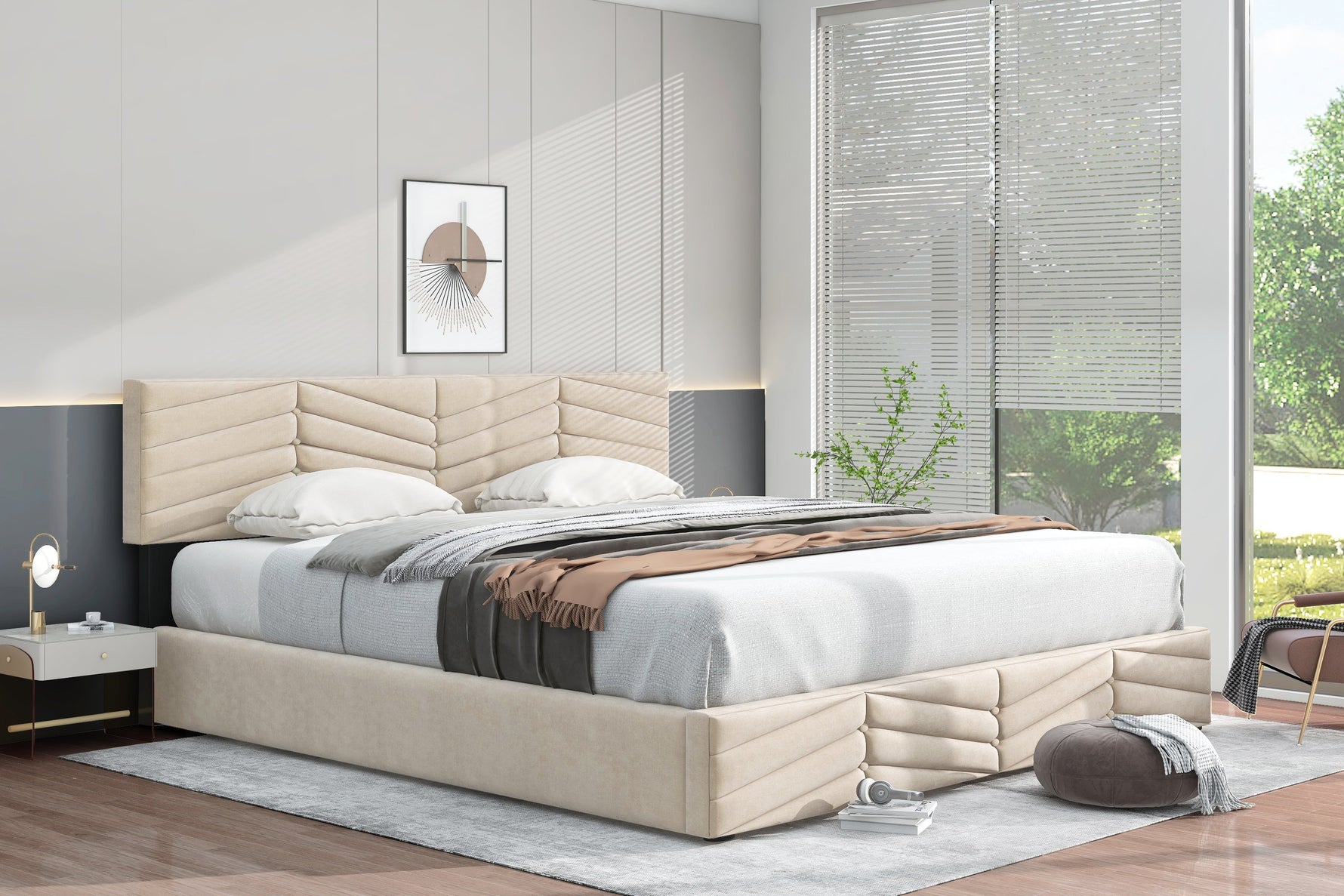 Upholstered Double Bed 180x200cm Hydraulic Storage Striped Headboard - Velvet Beige