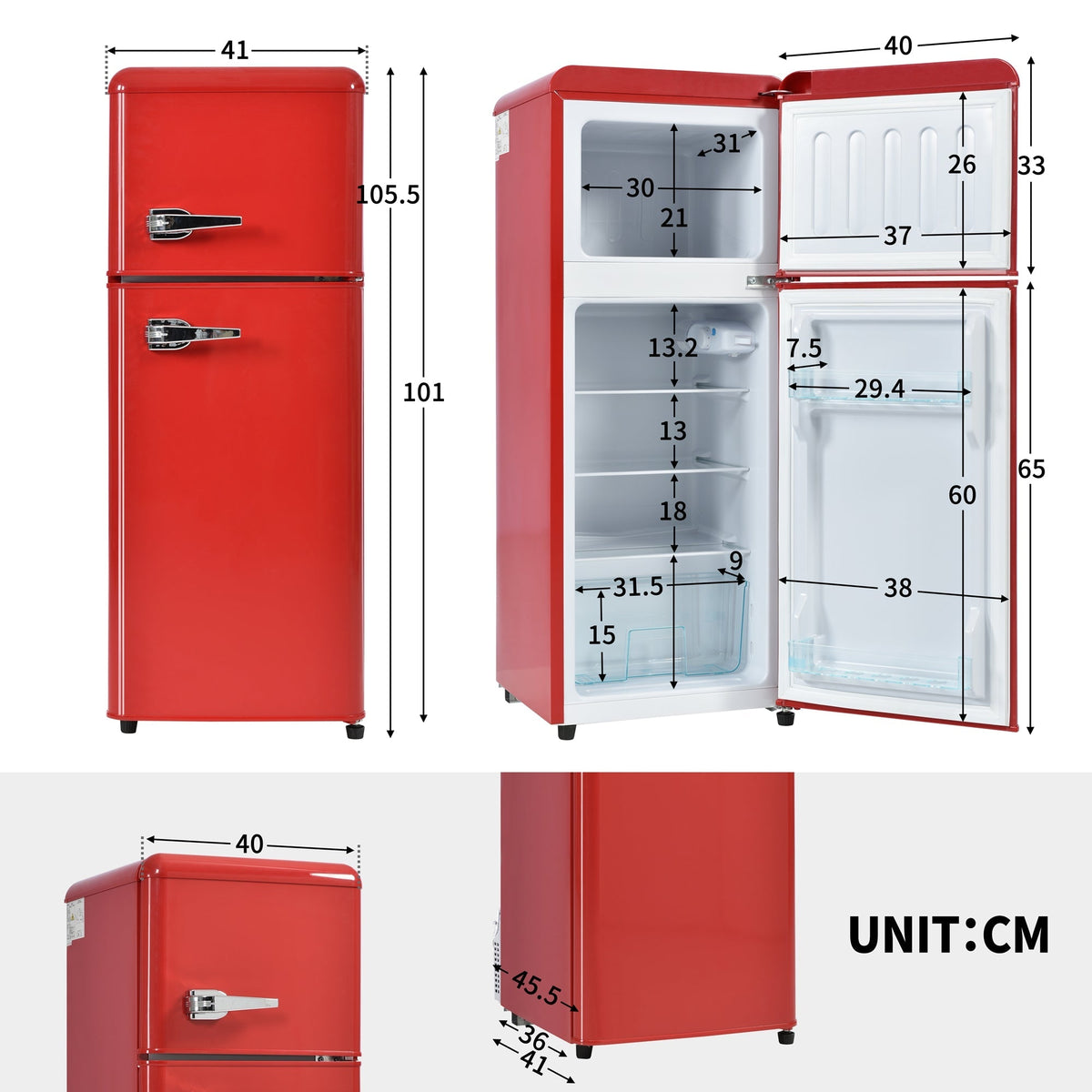 Retro Refrigerator, 105.5cm High, 92L Total, 28L Freezer, Two-Door, Glass Shelves
