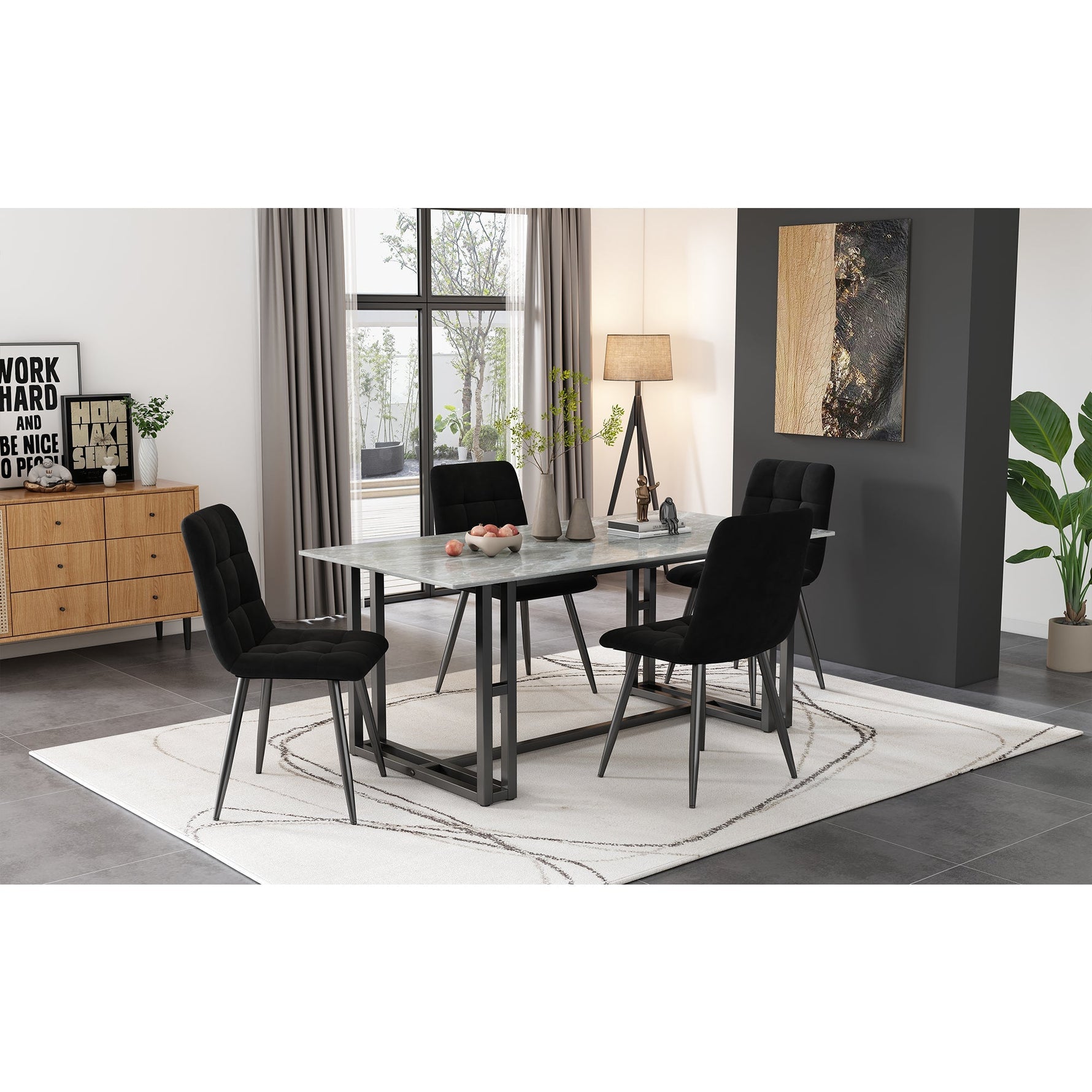 Dining Chair Set (4 pcs) Upholstered Designer Velvet Seat Metal Frame Black