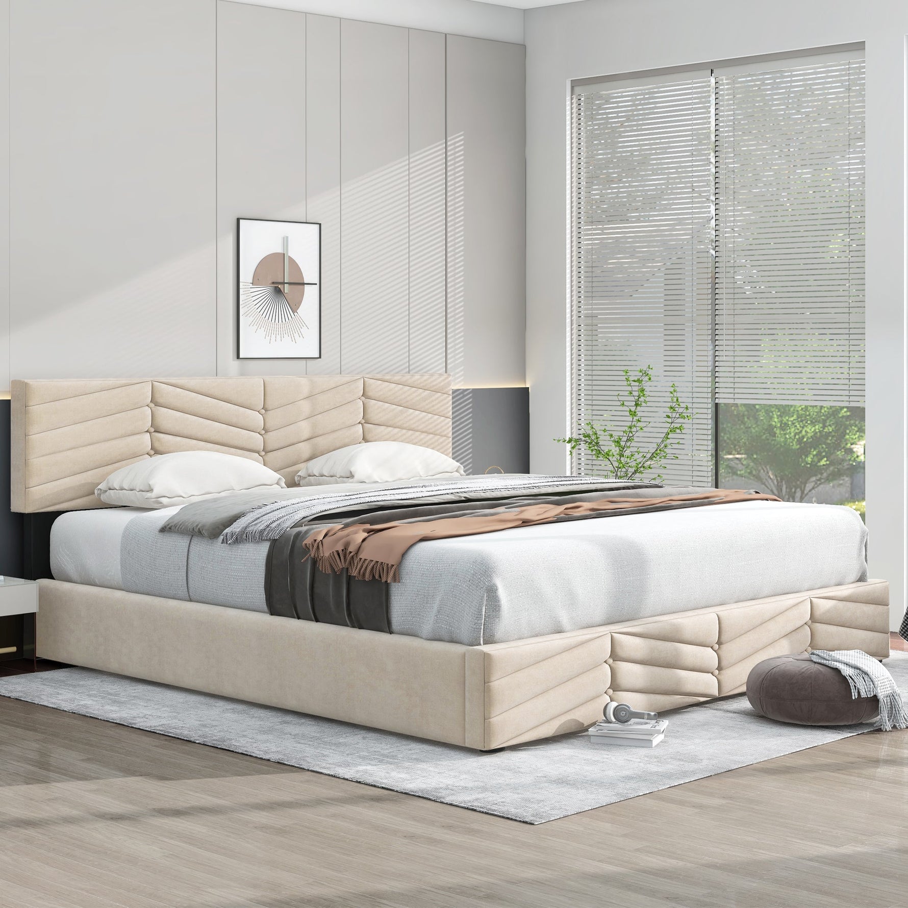Upholstered Double Bed 180x200cm Hydraulic Storage Striped Headboard - Velvet Beige