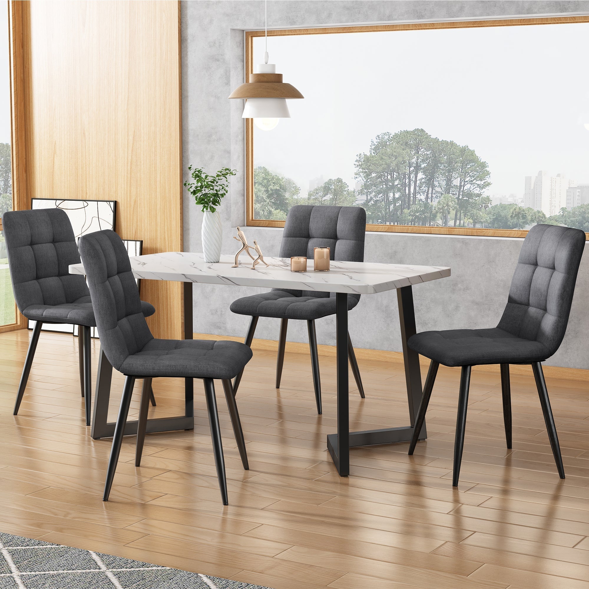 Dining Chair Set of 4 Upholstered Designer Chair with Backrest Metal Frame Dark Grey Linen