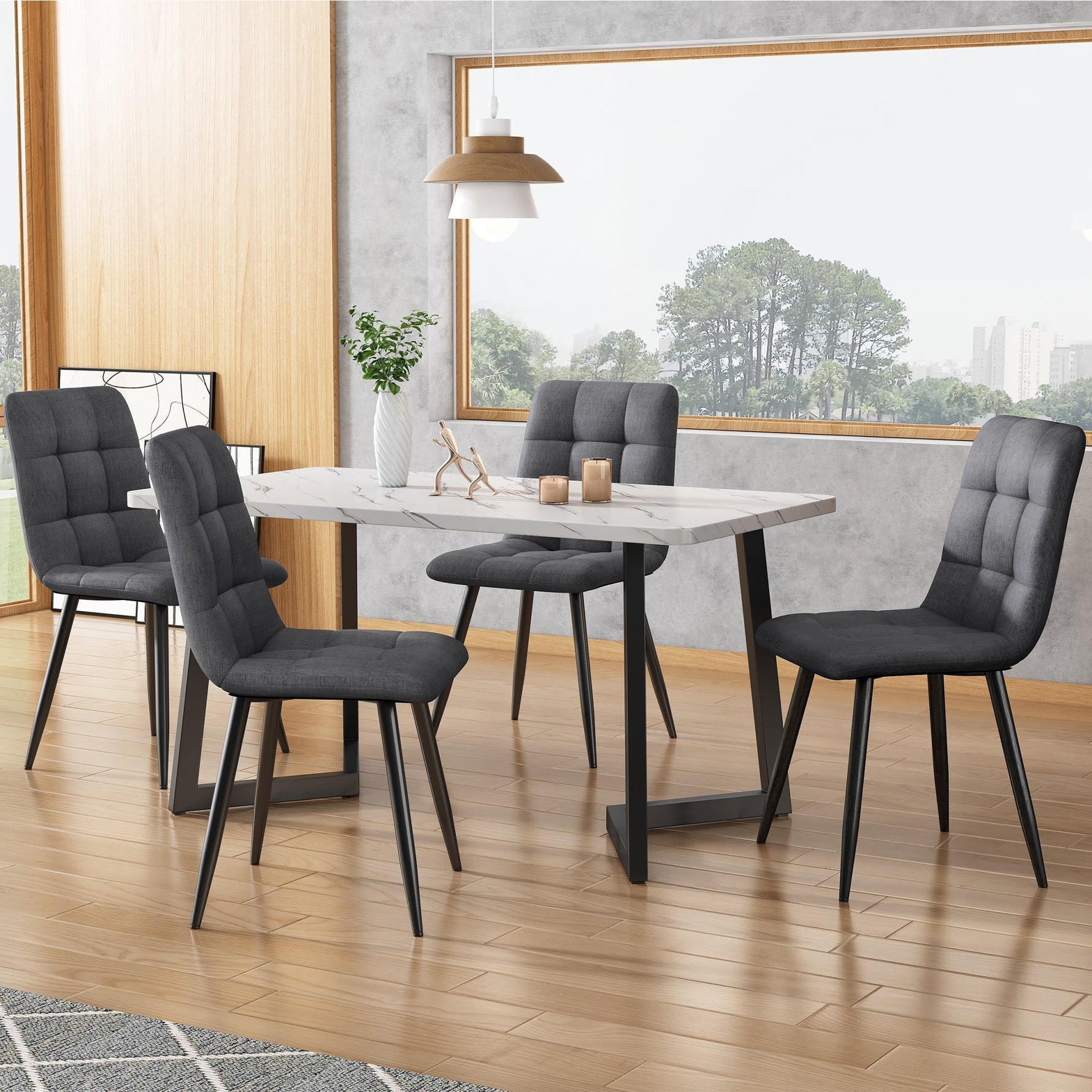 5-Piece Dining Set Rectangular Table 117cm with 4 Modern Chairs Dark Grey Linen Black
