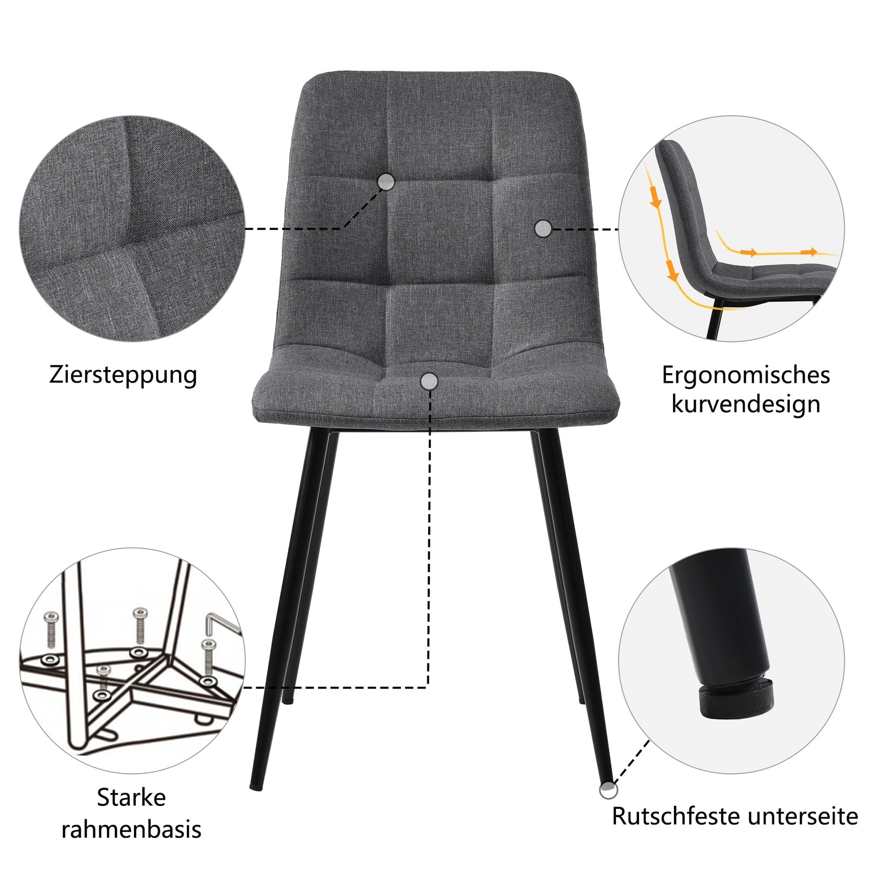Dining Chair Set of 4 Upholstered Designer Chair with Backrest Metal Frame Dark Grey Linen