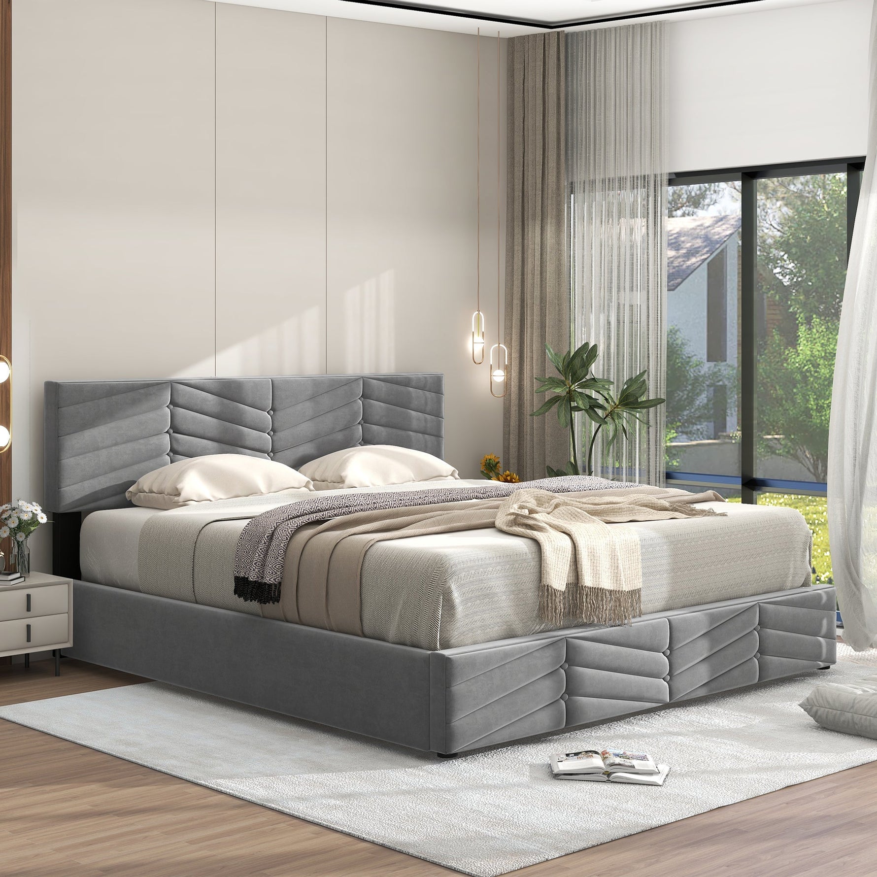 Upholstered Double Bed 140x200cm with Hydraulic Function, Striped Adjustable Headboard, Velvet Grey
