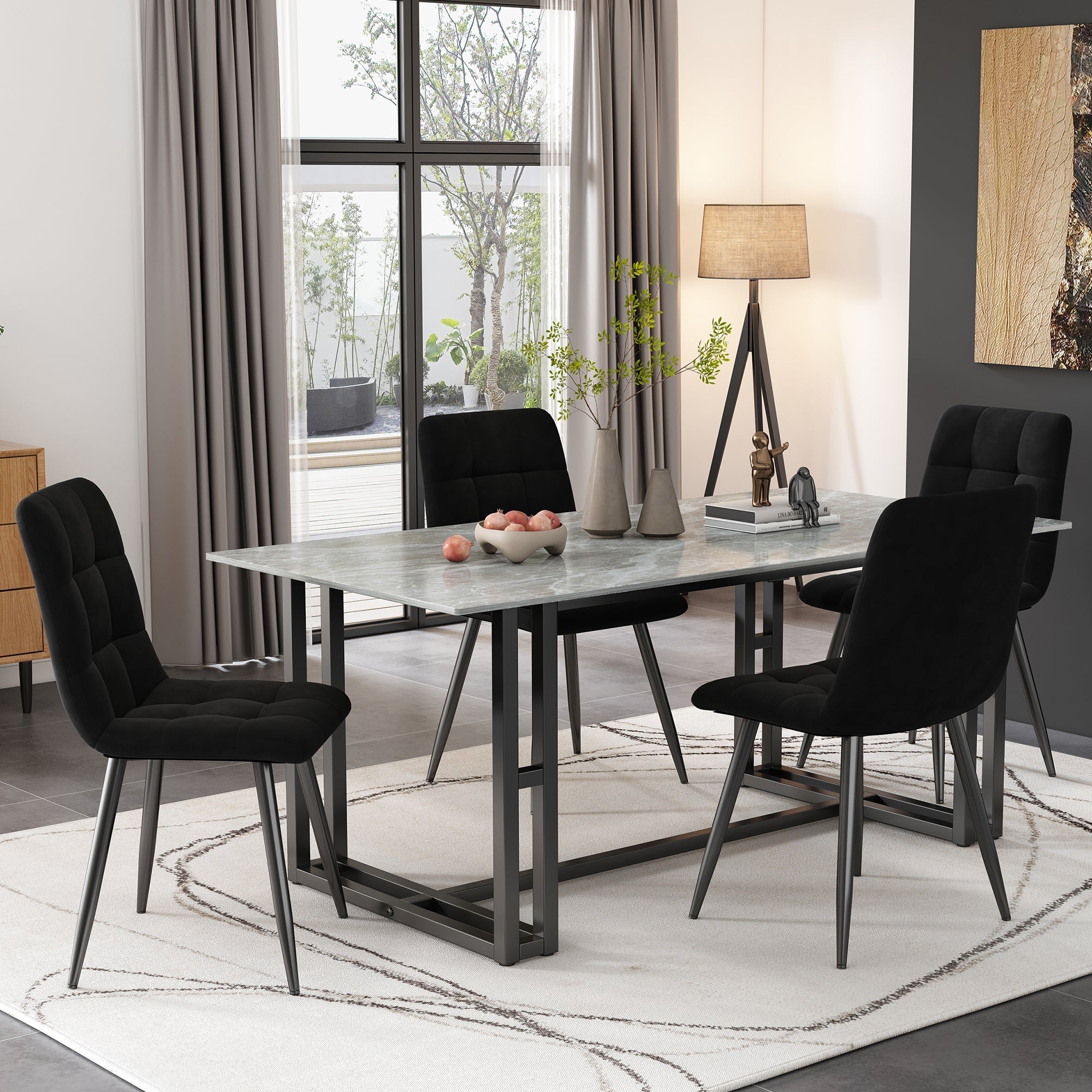 Dining Chair Set (4 pcs) Upholstered Designer Velvet Seat Metal Frame Black