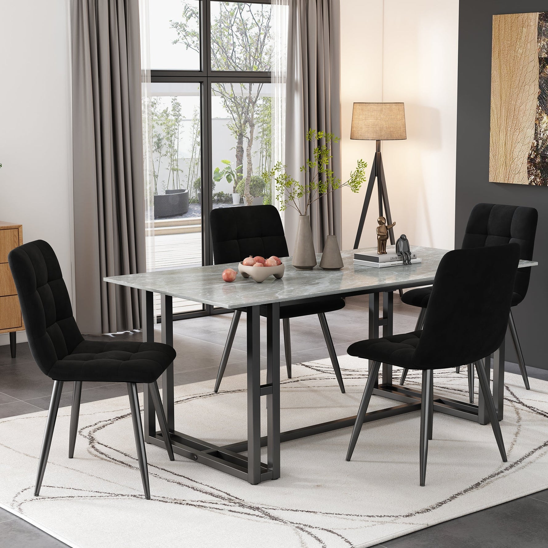 Dining Chair Set (4 pcs) Upholstered Designer Velvet Seat Metal Frame Black