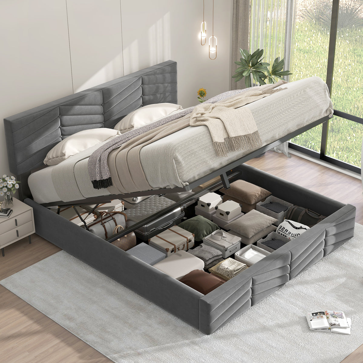 Upholstered Double Bed 140x190cm, Adjustable Headboard, Grey Velvet