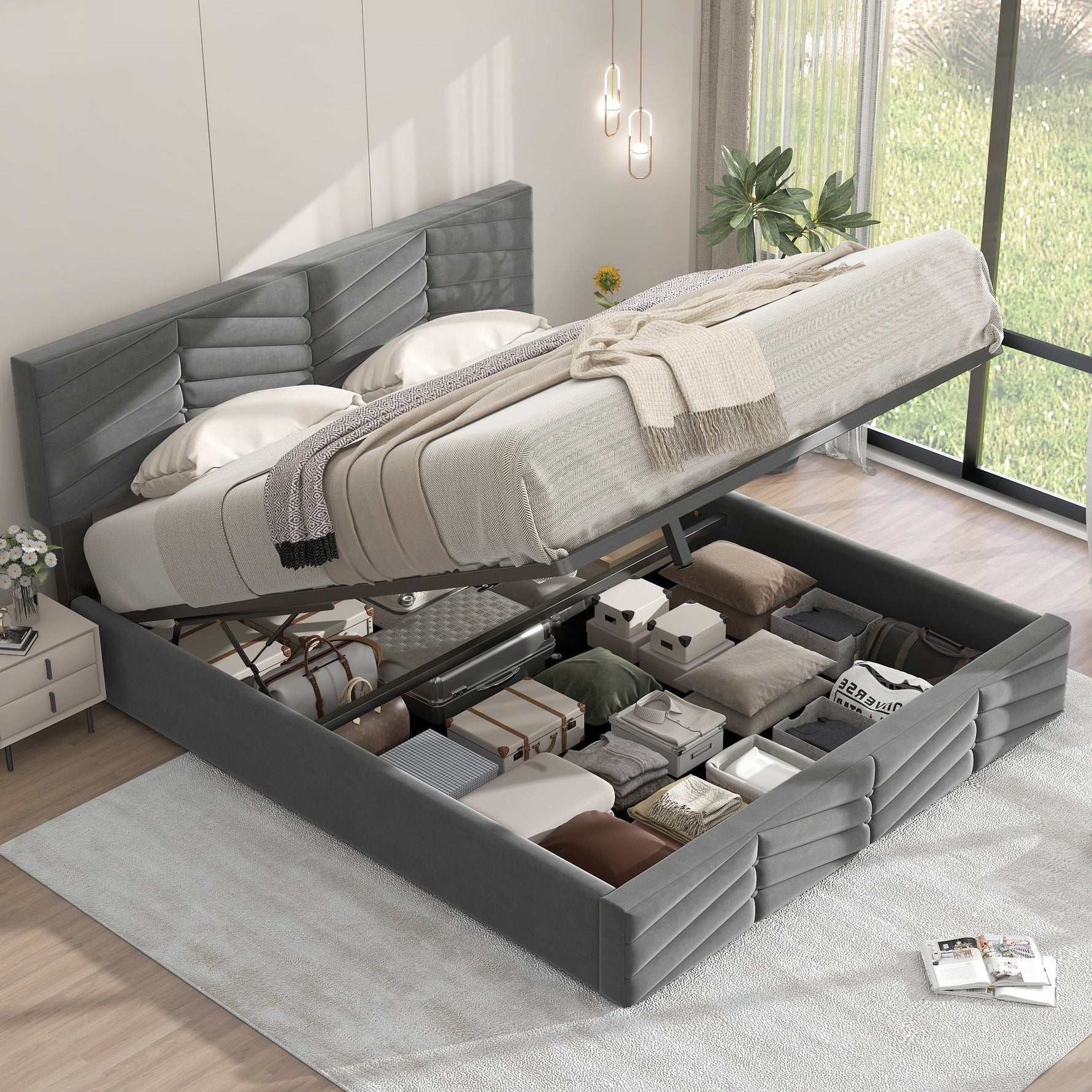 Upholstered Double Bed 140x200cm with Hydraulic Function, Striped Adjustable Headboard, Velvet Grey
