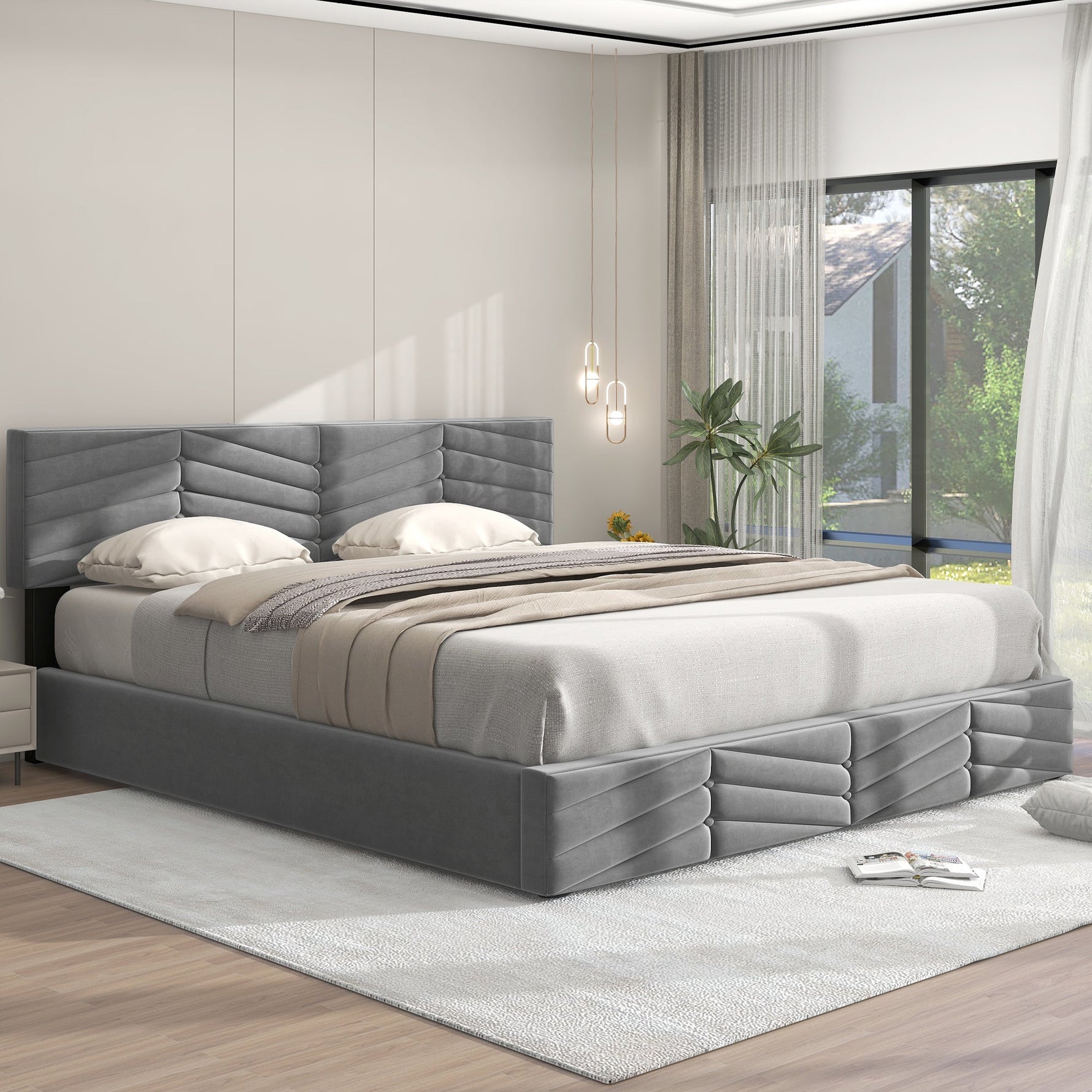 Upholstered Double Bed 180x200cm Hydraulic Storage Adjustable Headboard Striped - Velvet Grey