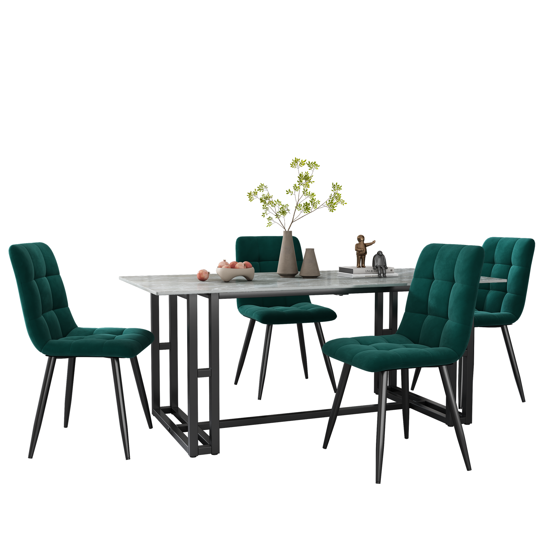 Dining Chair Set of 4 Upholstered Velvet Seat Metal Frame Dark Green