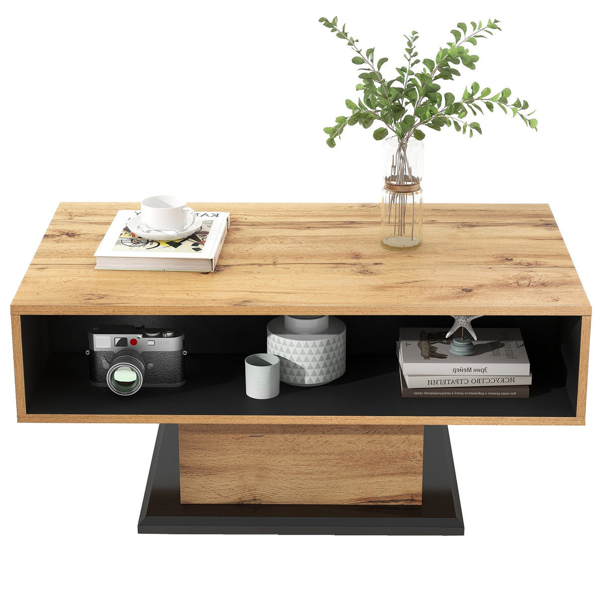 Wood grain coffee table with handleless drawer and double-sided storage