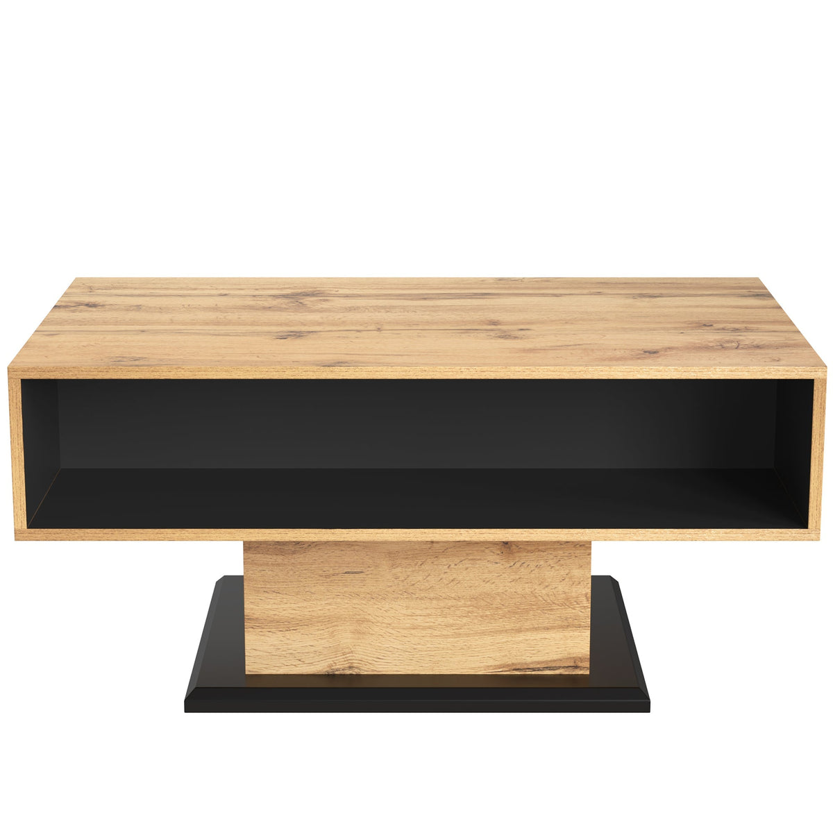 Wood grain coffee table with handleless drawer and double-sided storage