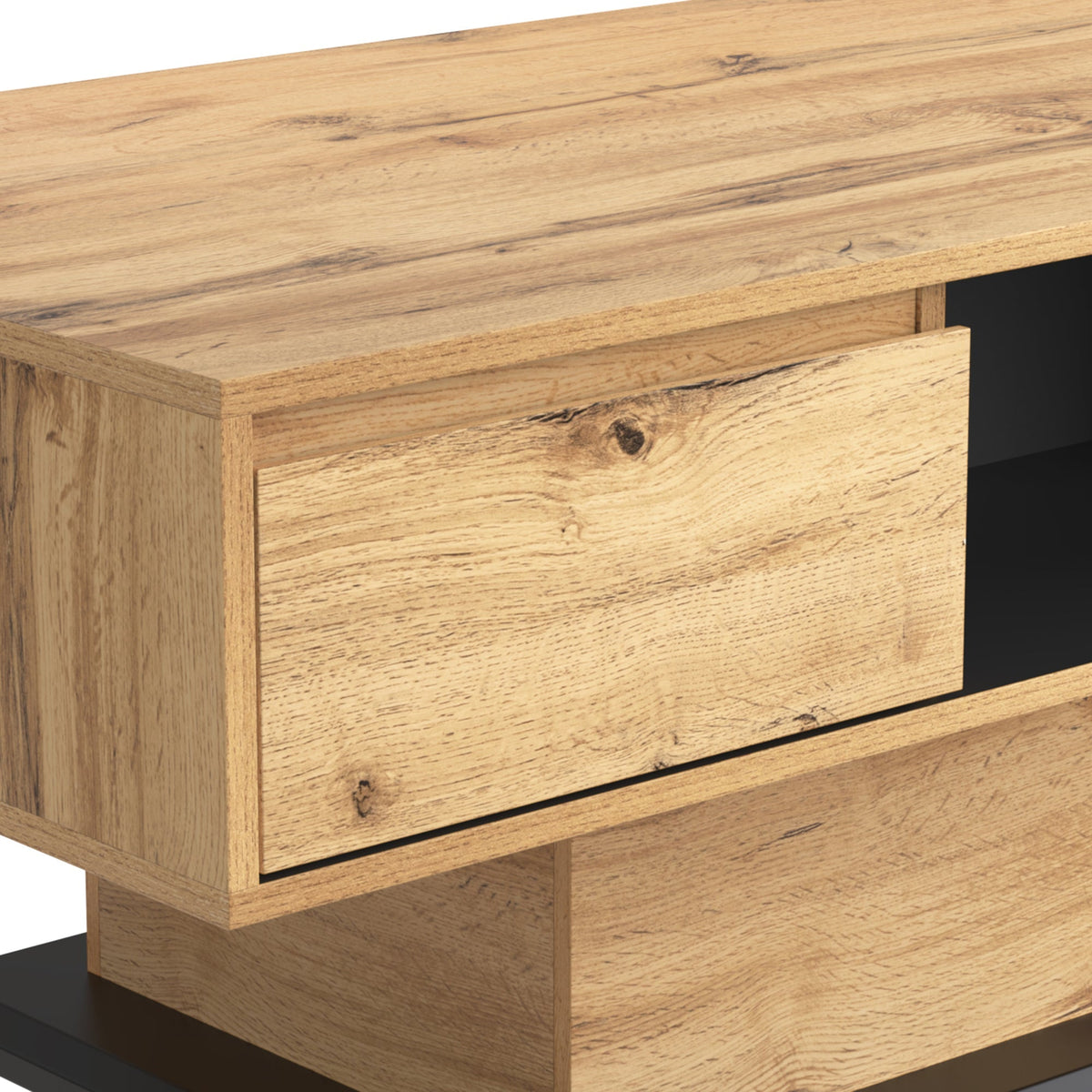 Wood grain coffee table with handleless drawer and double-sided storage