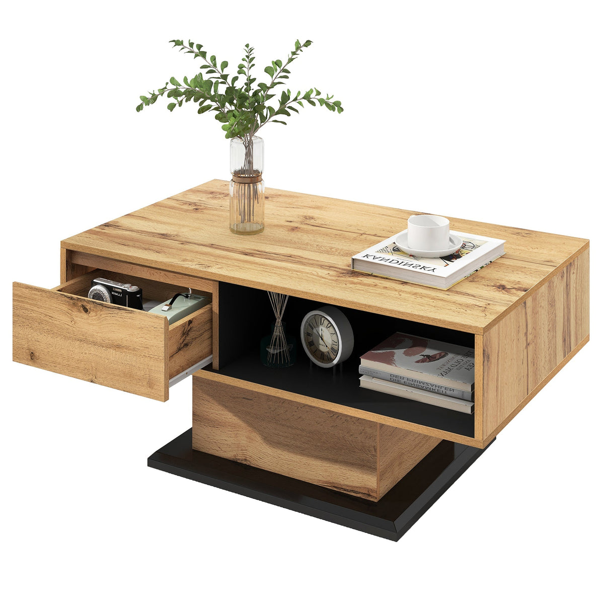 Wood grain coffee table with handleless drawer and double-sided storage