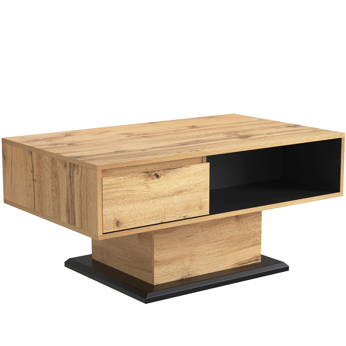 Wood grain coffee table with handleless drawer and double-sided storage