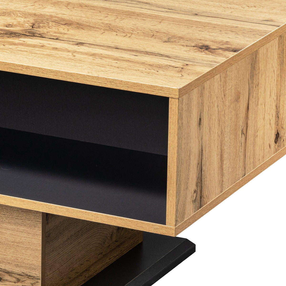 Wood grain coffee table with handleless drawer and double-sided storage