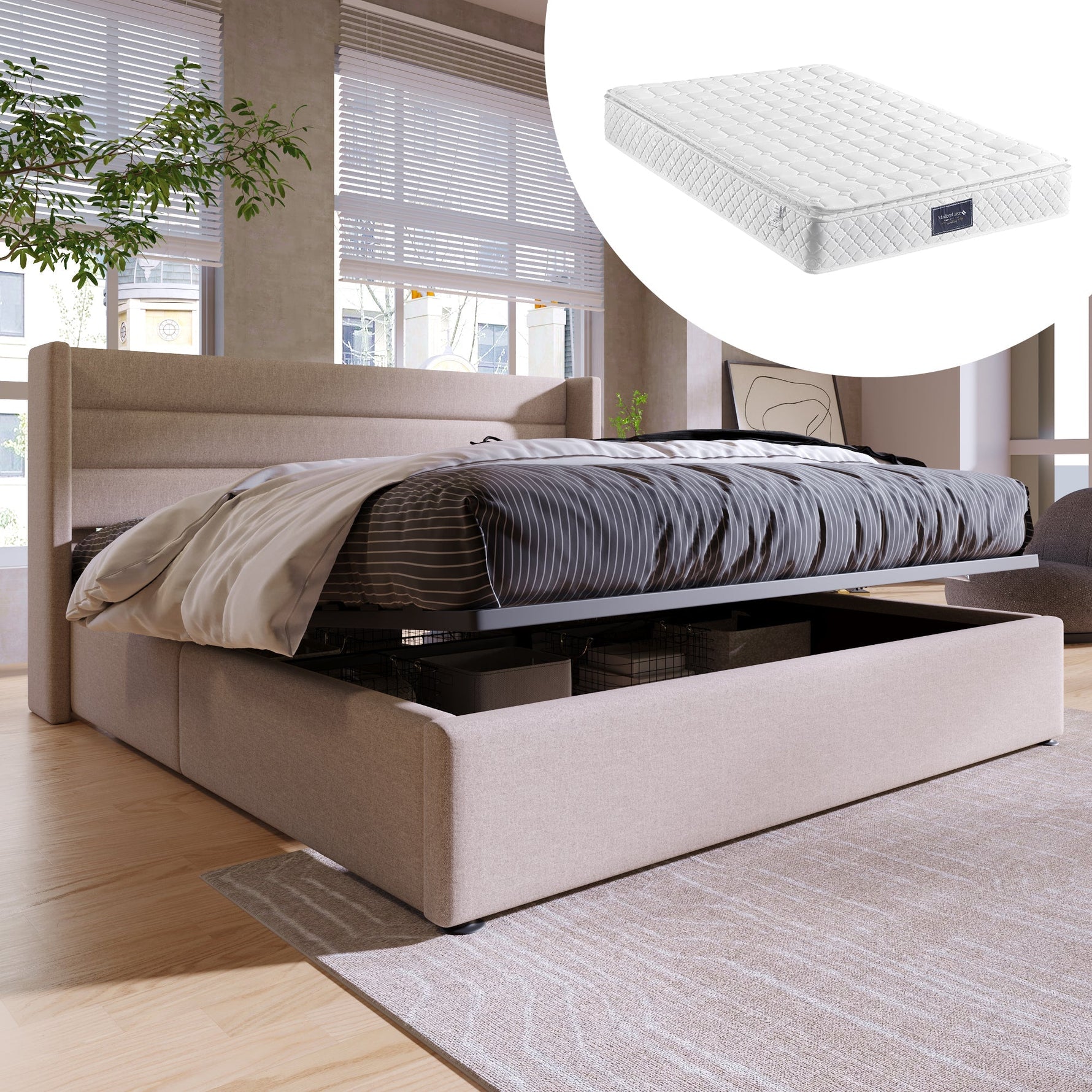 Storage Bed, Hydraulic Double 160x200cm with Mattress & Wooden Slats, Linen Beige