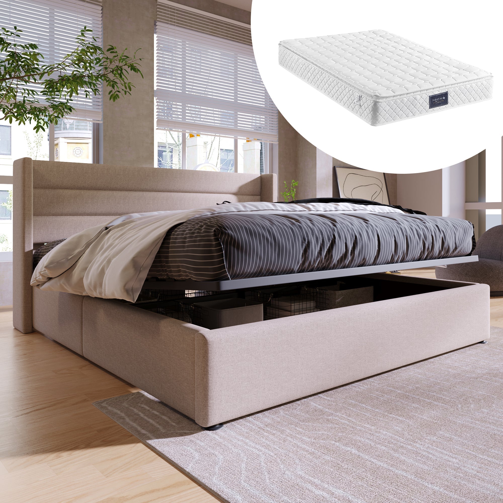 Storage Bed, Hydraulic Double Bed 140x200cm, Linen Beige