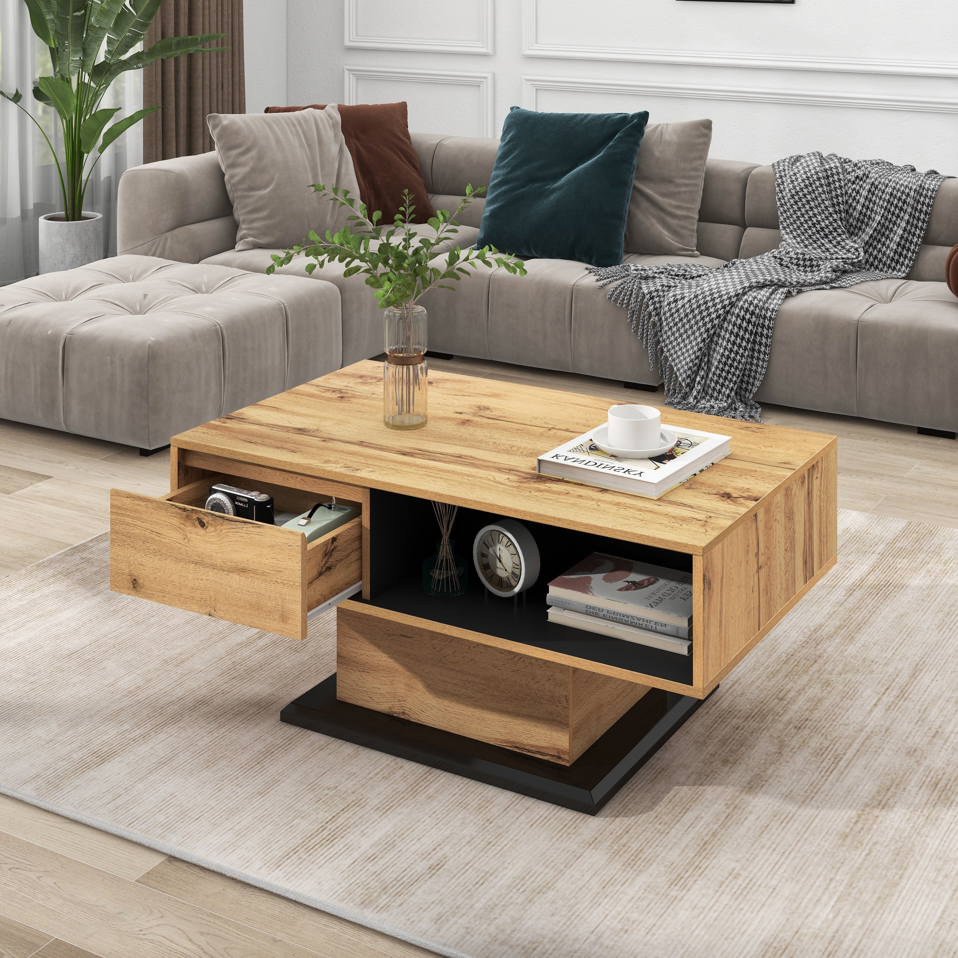 Wood grain coffee table with handleless drawer and double-sided storage