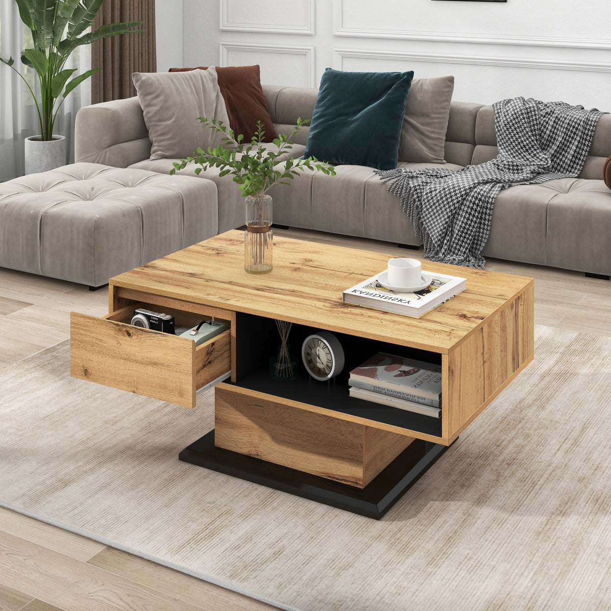 Wood grain coffee table with handleless drawer and double-sided storage