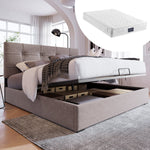 Hydraulic Double Upholstered Bed, 140x200cm with Adjustable Headboard, Metal Slatted Frame, Velvet Light Grey