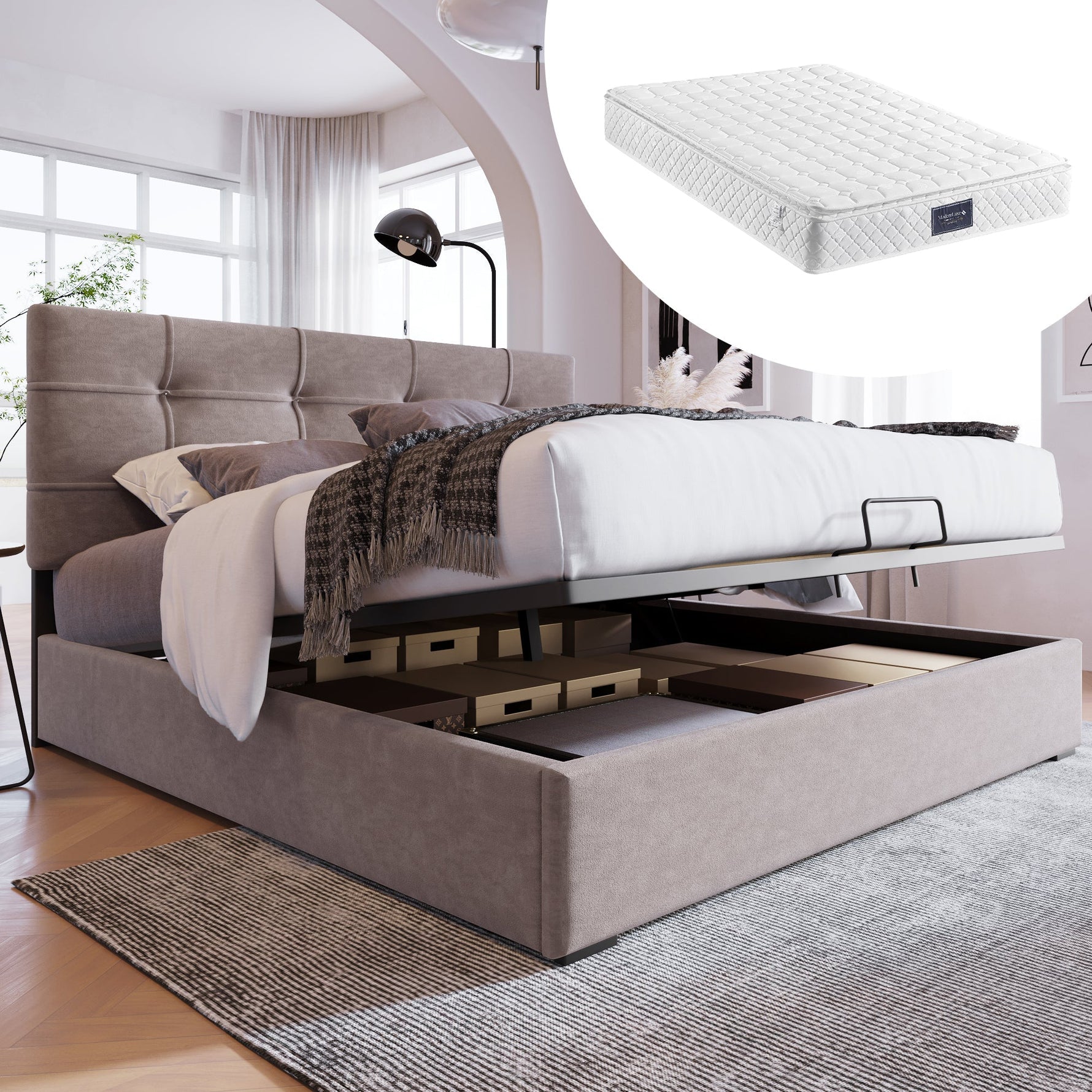 Hydraulic Double Upholstered Bed, 140x200cm with Adjustable Headboard, Metal Slatted Frame, Velvet Light Grey