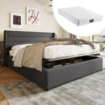 Storage Bed, Hydraulic Double 160x200cm with Mattress & Slatted Frame, Grey Linen