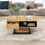 Wood grain coffee table with handleless drawer and double-sided storage