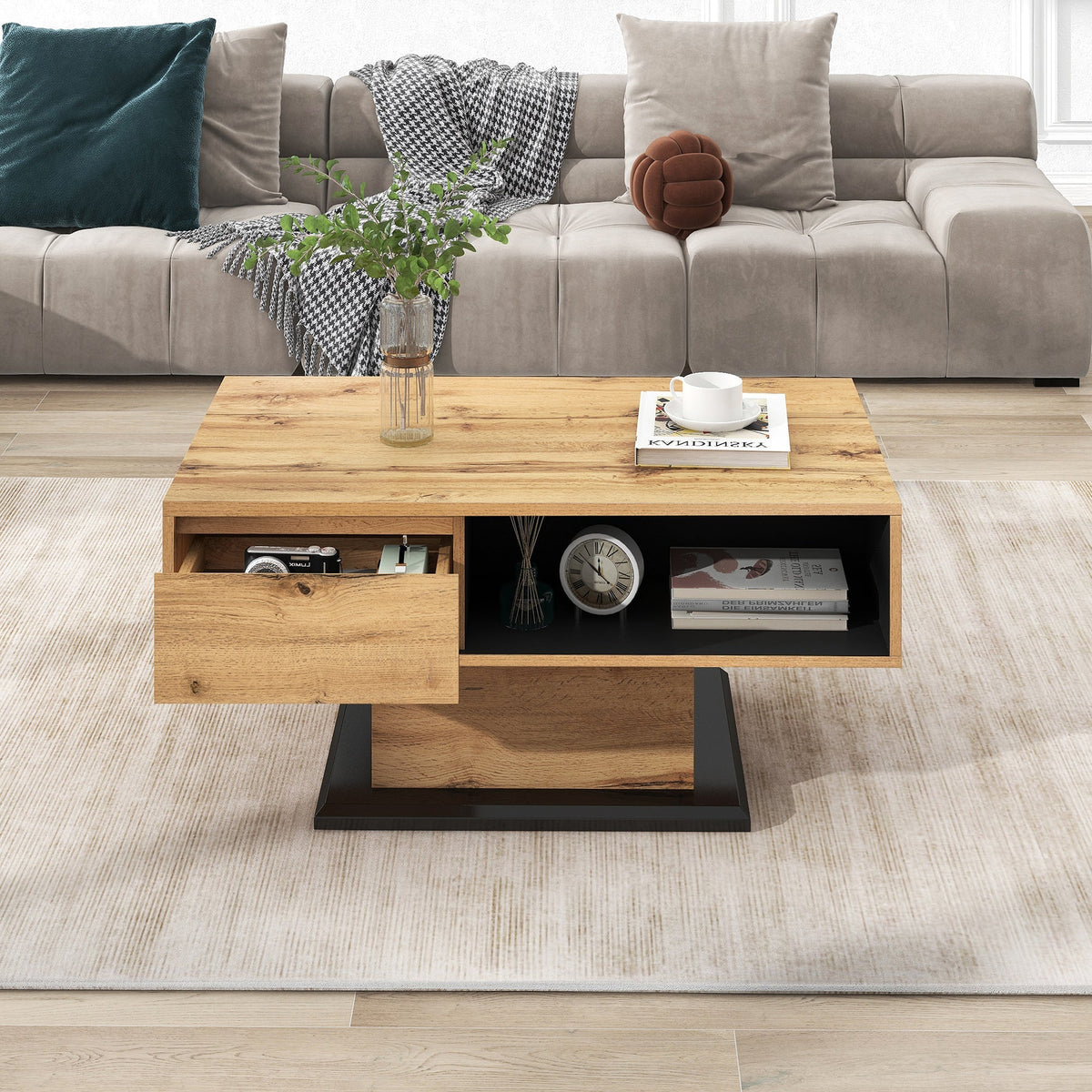 Wood grain coffee table with handleless drawer and double-sided storage