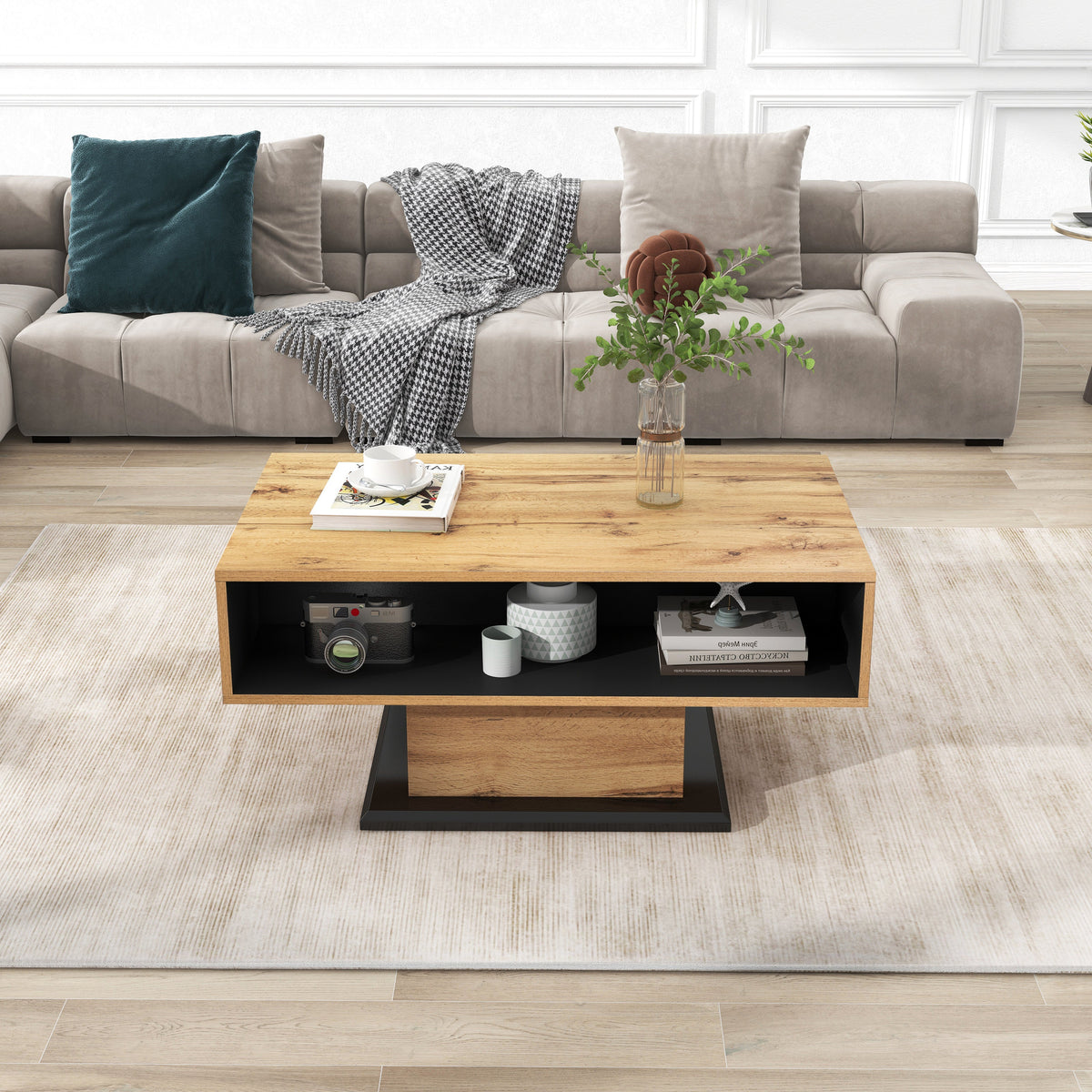 Wood grain coffee table with handleless drawer and double-sided storage
