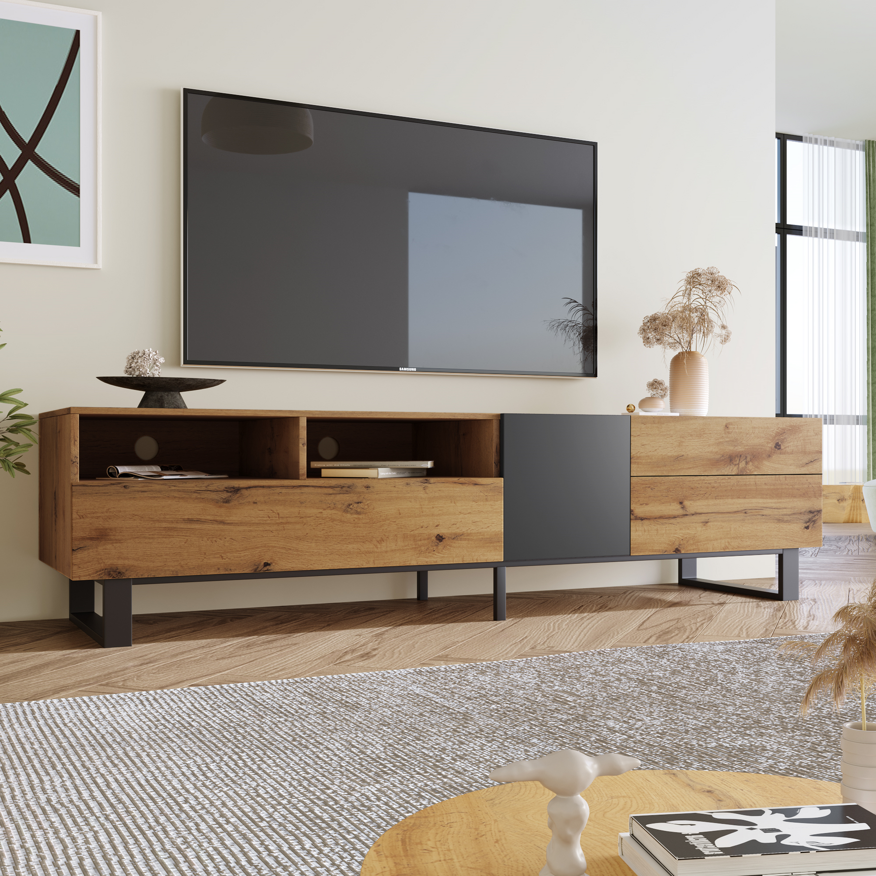 TV Cabinet, Modern Color-Blocking 180cm, Wood Grain