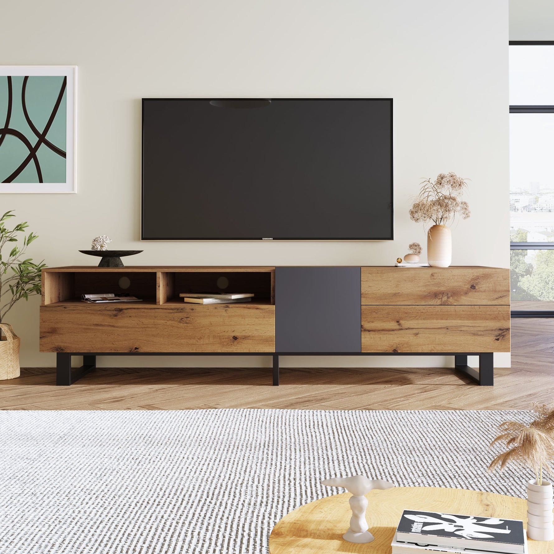 TV Cabinet, Modern Color-Blocking 180cm, Wood Grain