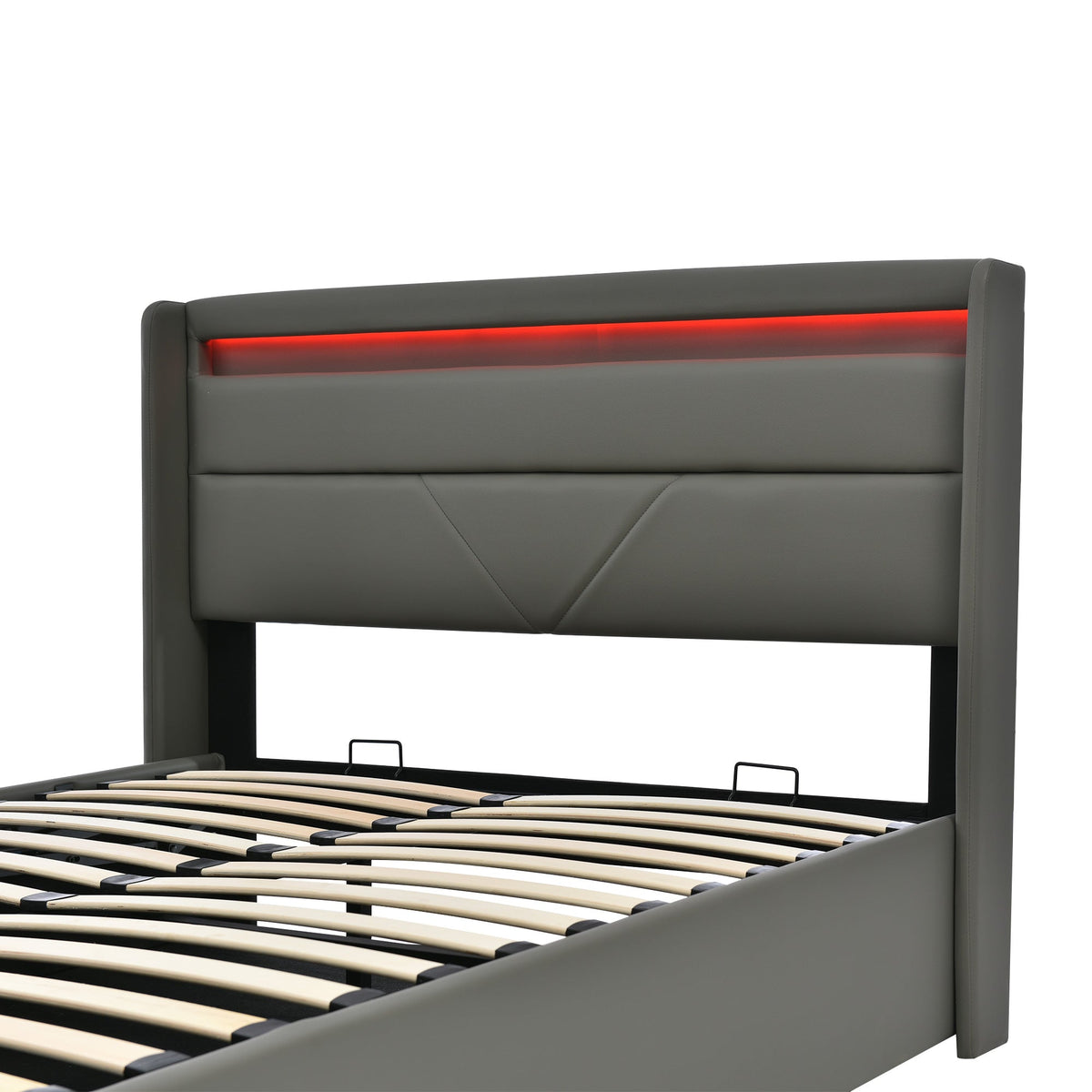 Hydraulic Storage Bed, 140x200cm Upholstered with LED, Grey