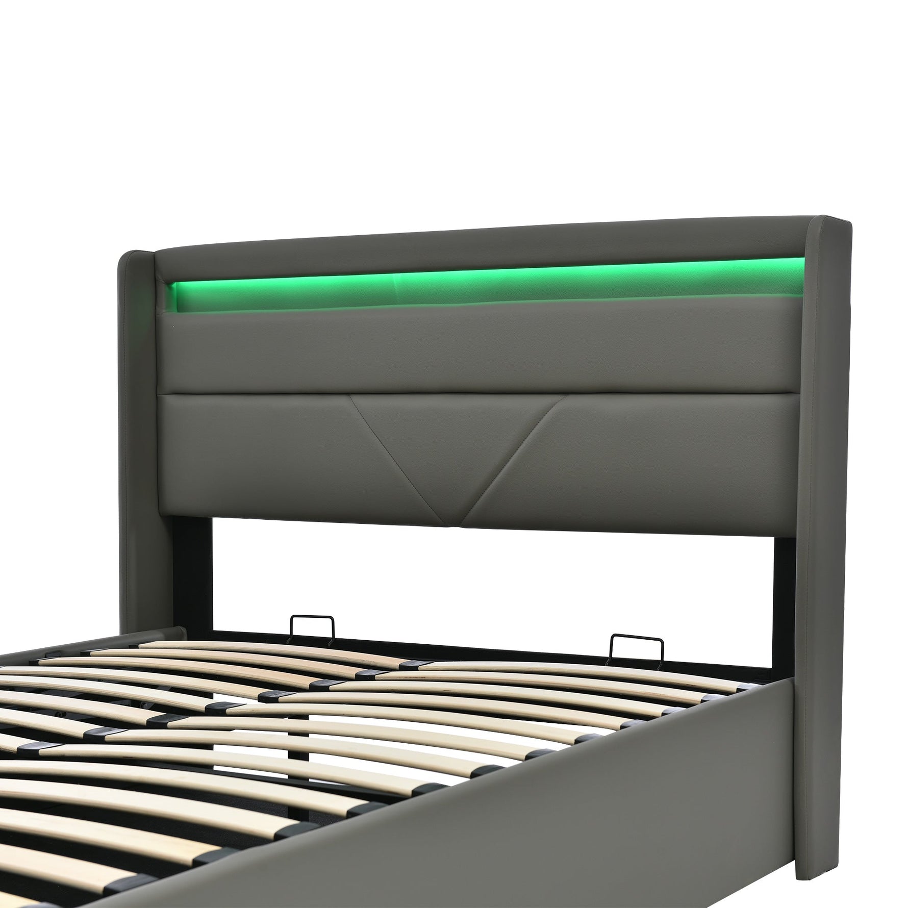 Hydraulic Storage Bed with LED Lighting and Remote Control, 160x200cm, Grey Upholstered Bed Frame