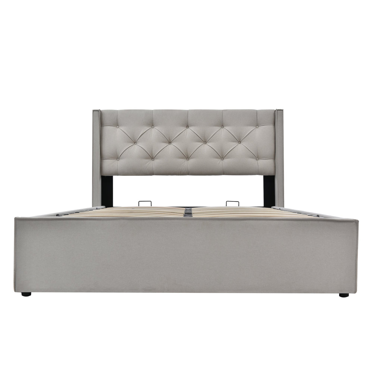 Hydraulic Double Upholstered Bed, 140x200cm with Metal Frame & Storage, Cotton Light Grey