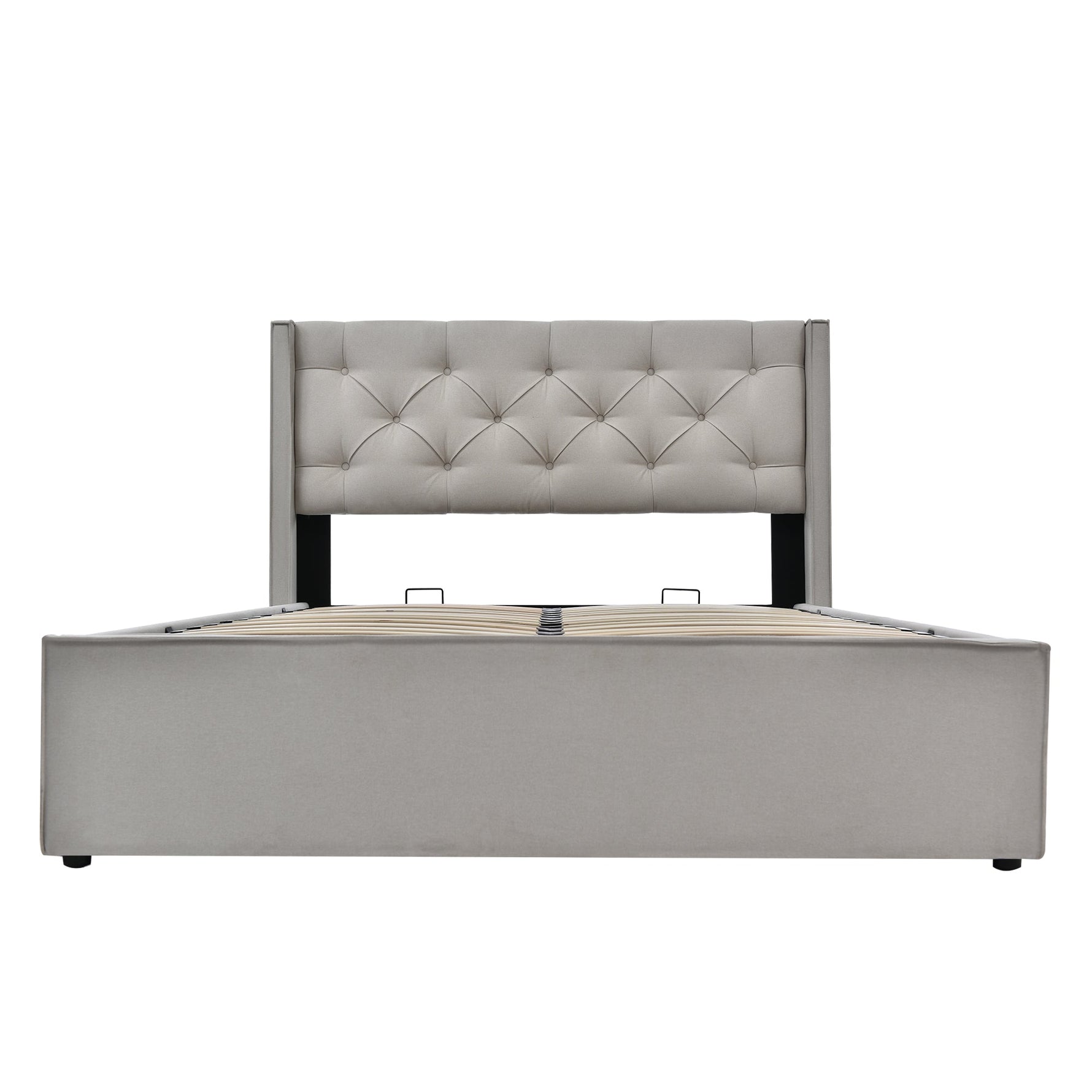 Hydraulic Upholstered Double Bed with Storage and Metal Slatted Base, 160x200cm, Light Grey Cotton