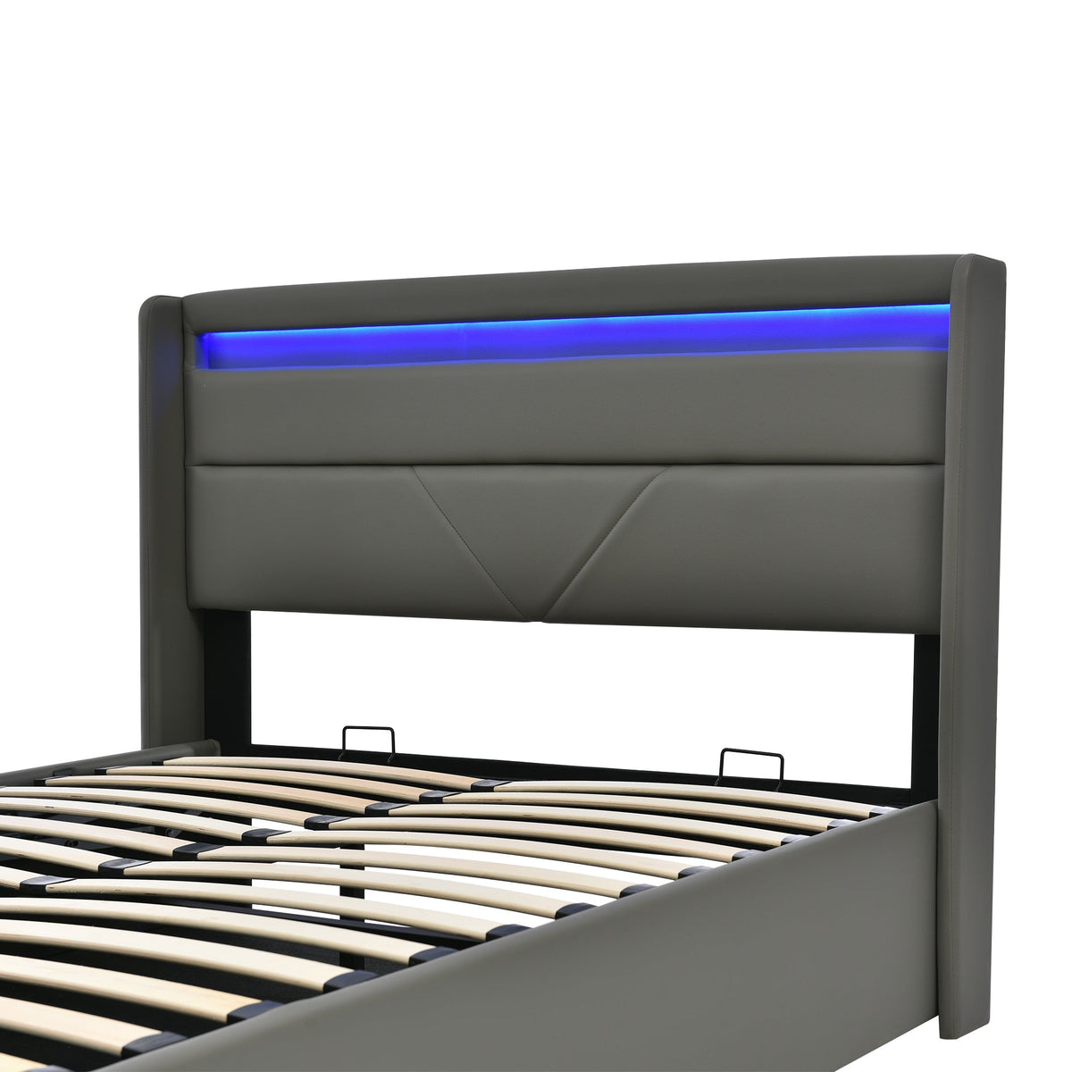 Hydraulic Storage Bed, 140x200cm Upholstered with LED, Grey