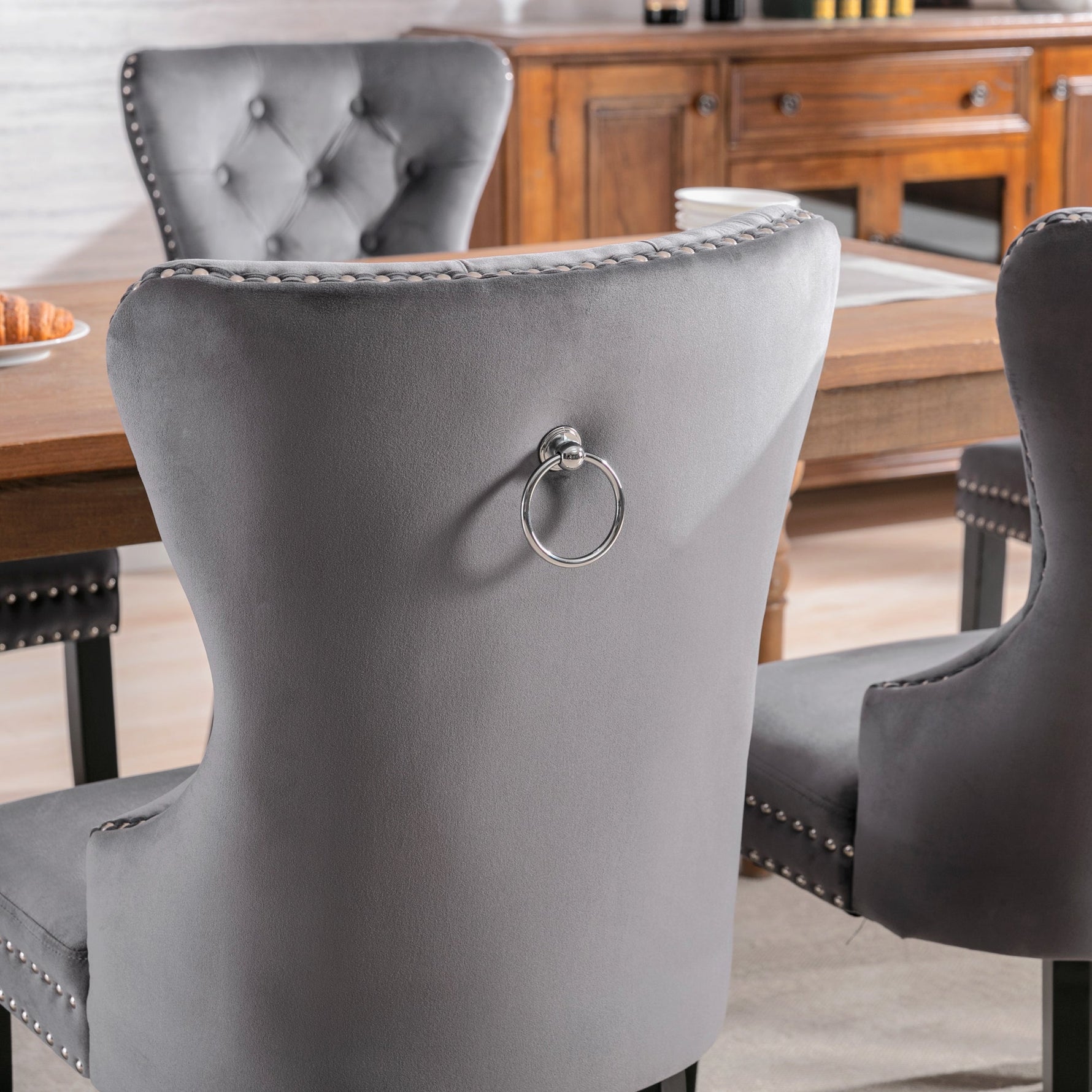 Velvet Dining Chairs Set of 6 with Oak Legs and Chrome Knocker, Grey Velvet