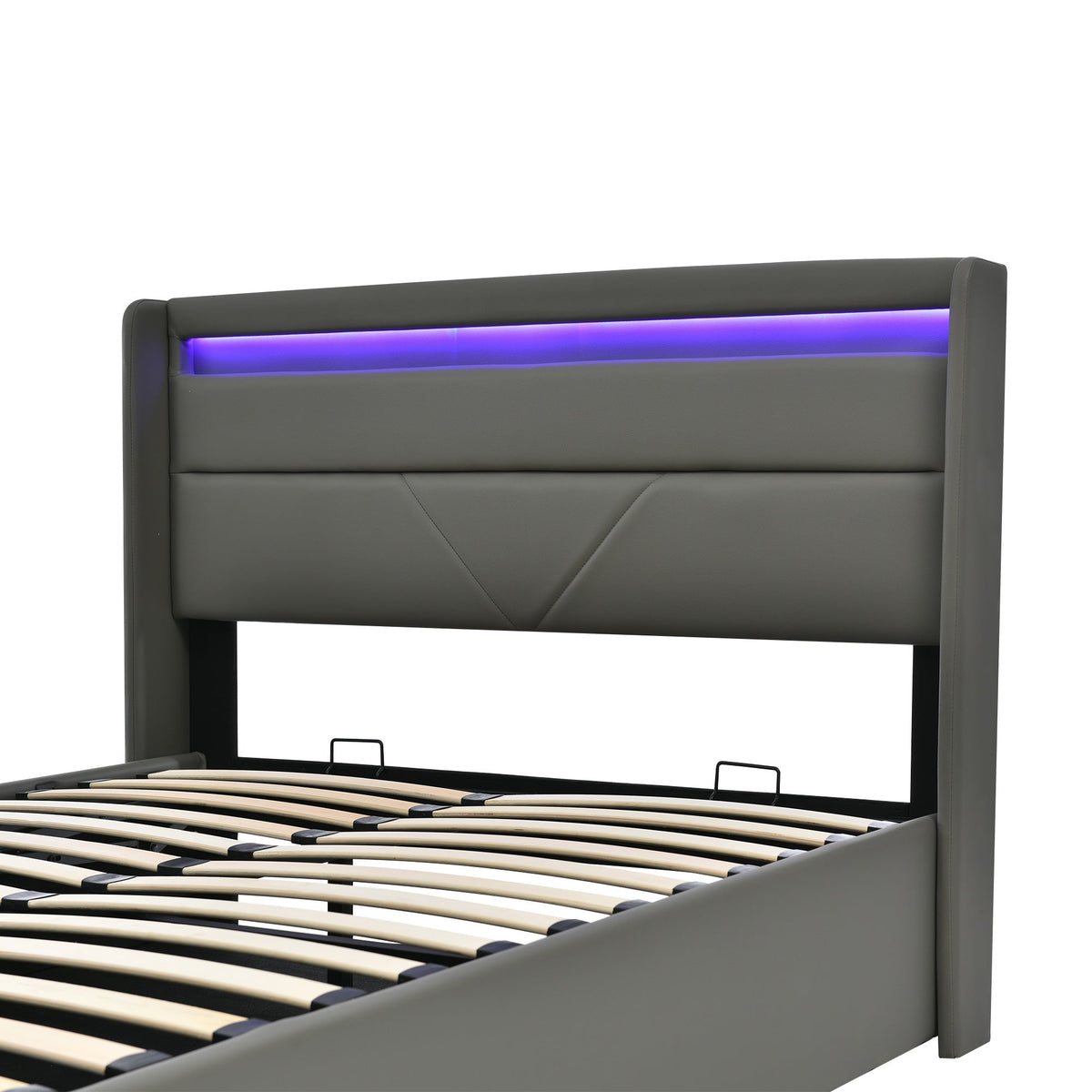 Hydraulic Storage Bed, 140x200cm Upholstered with LED, Grey