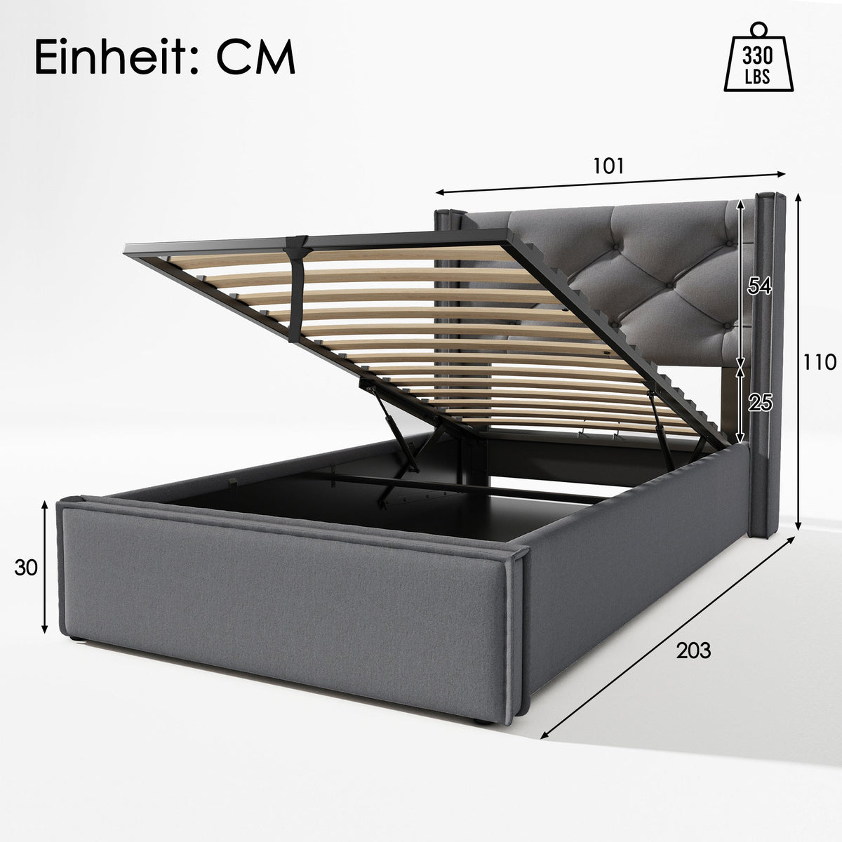 Hydraulic Bed, Single Upholstered 90x200cm, Storage, Gray Cotton