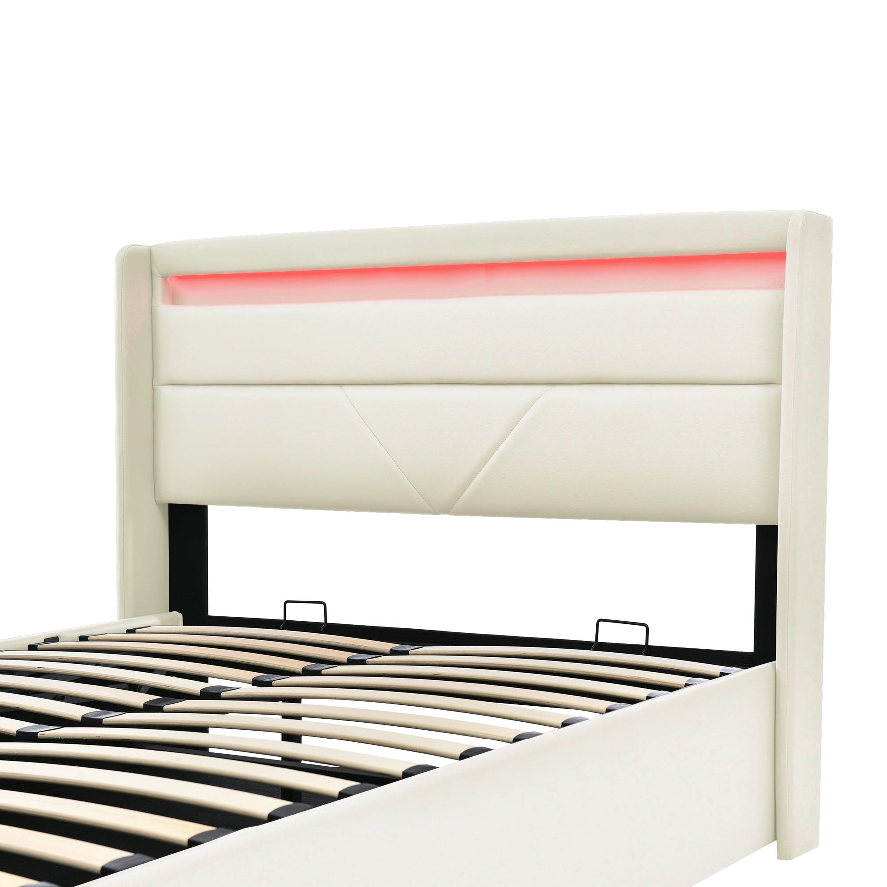 Hydraulic Storage Bed with LED Strip, 160x200cm Double Upholstered, White