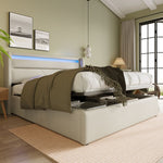Hydraulic Storage Bed with LED Strip, 160x200cm Double Upholstered, White