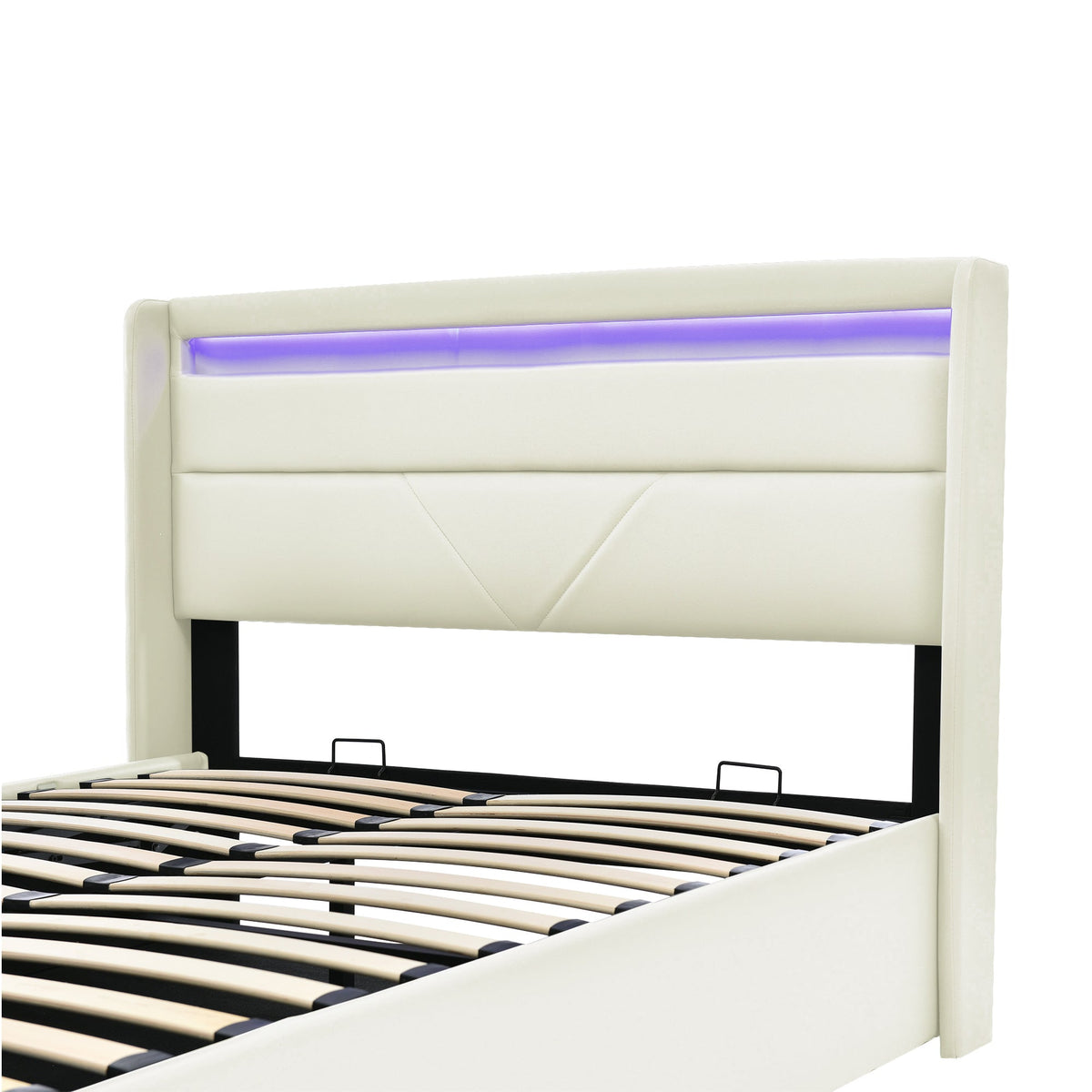 Hydraulic Storage Bed, 140x200cm Functional with LED Strip, White