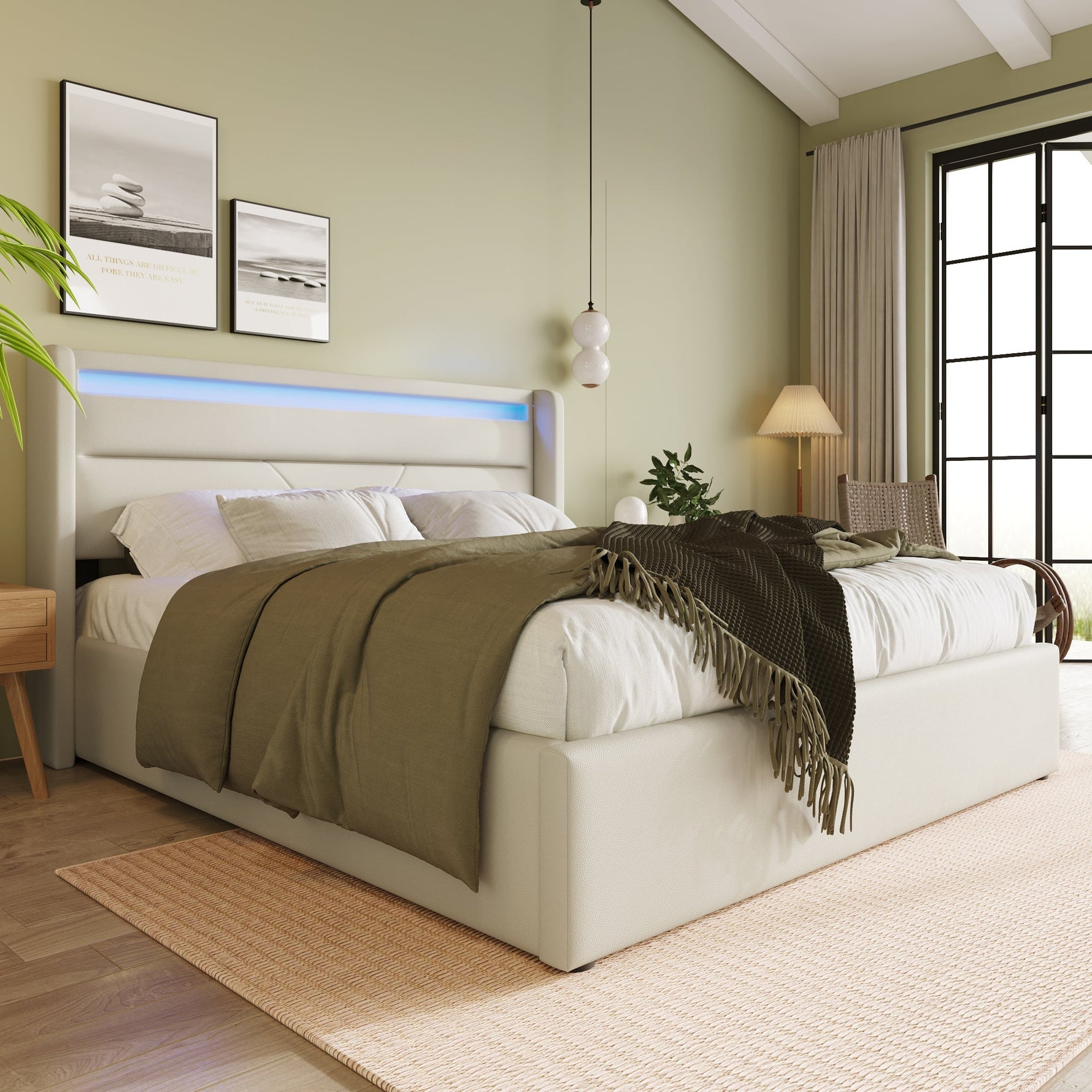 Hydraulic Storage Bed with LED Strip, 160x200cm Double Upholstered, White