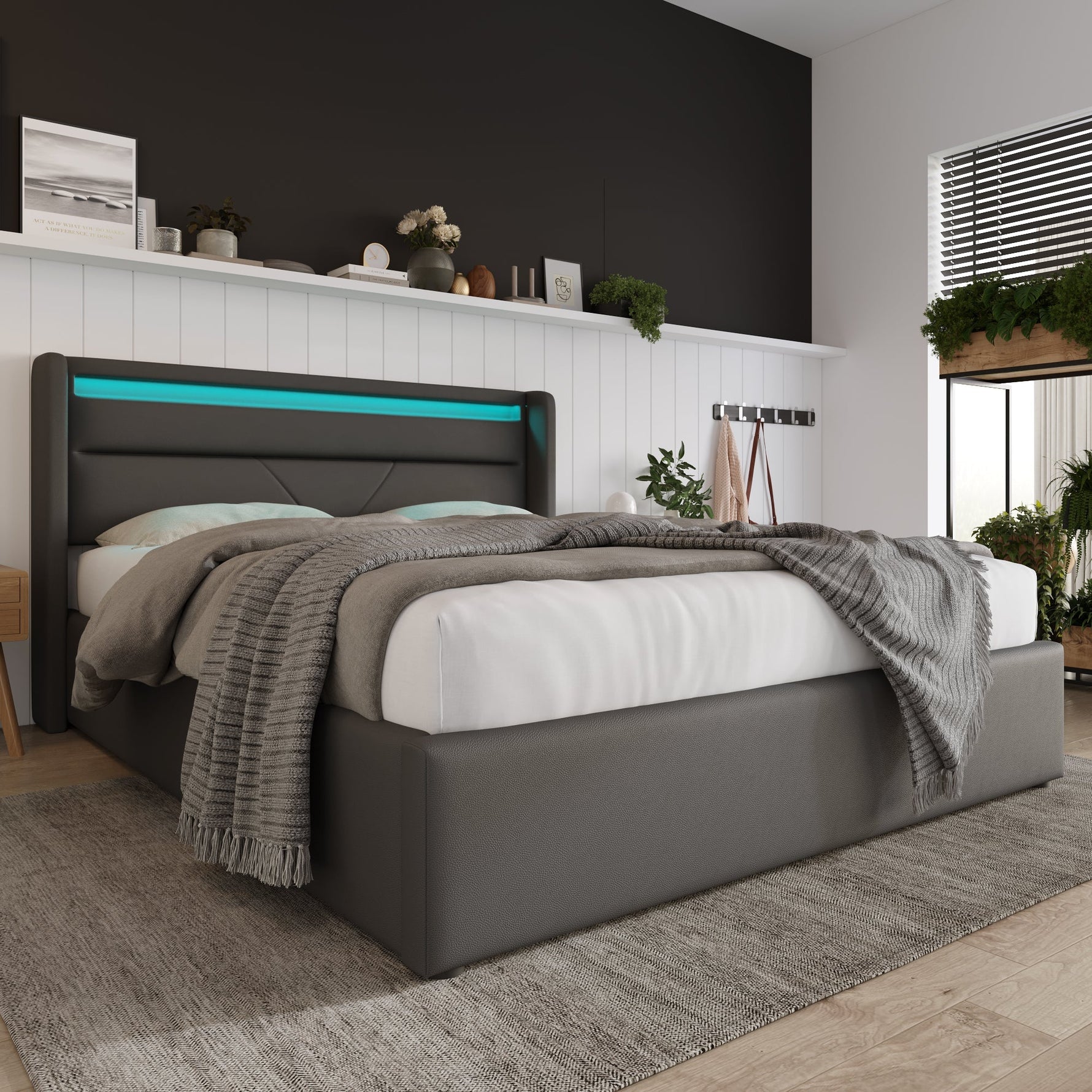 Hydraulic Storage Bed with LED, Double, 160x200cm, Upholstered, Gray