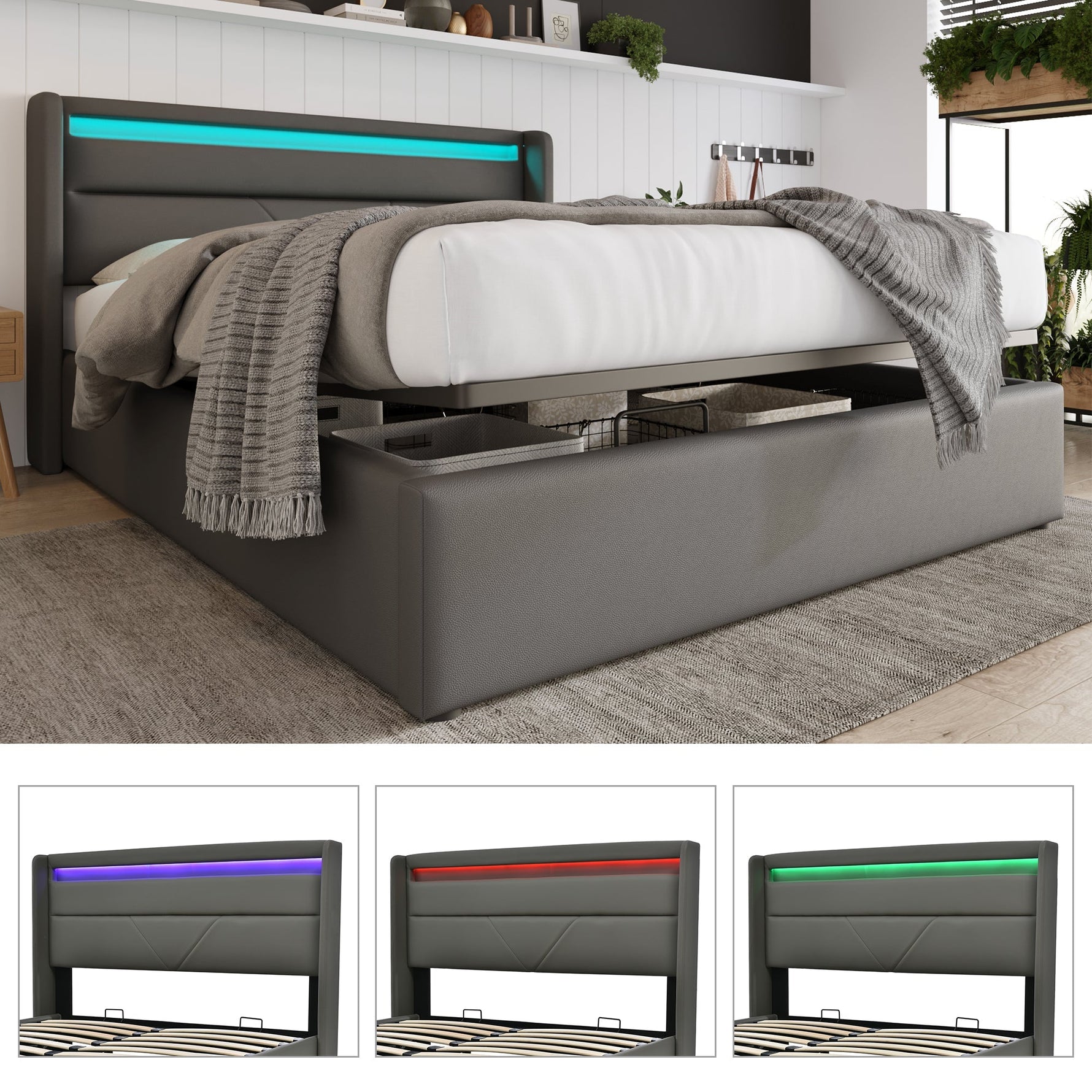 Hydraulic Storage Bed with LED Lighting and Remote Control, 160x200cm, Grey Upholstered Bed Frame