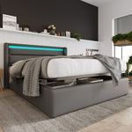 Hydraulic Storage Bed with LED Lighting and Remote Control, 160x200cm, Grey Upholstered Bed Frame