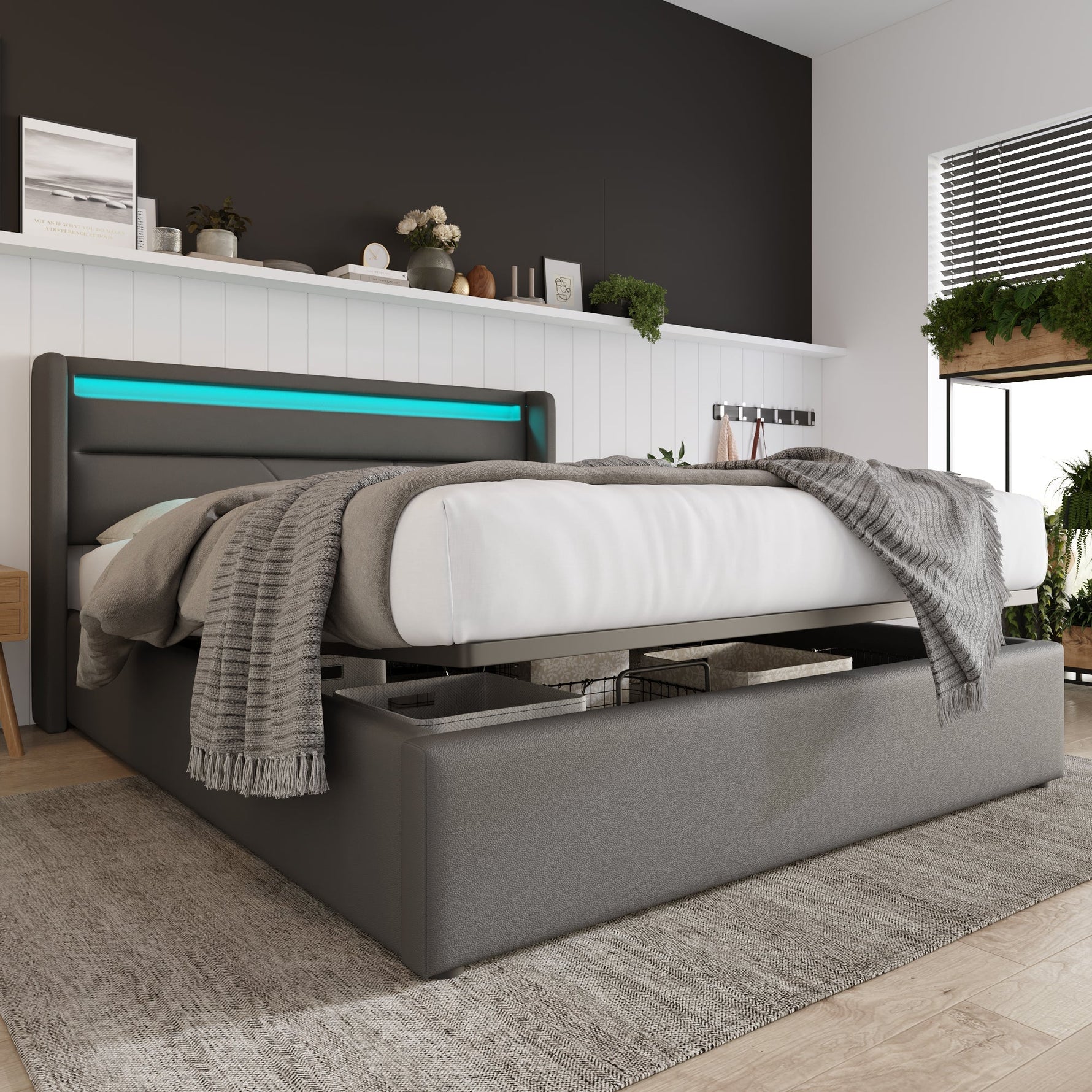 Hydraulic Storage Bed with LED Lighting and Remote Control, 160x200cm, Grey Upholstered Bed Frame